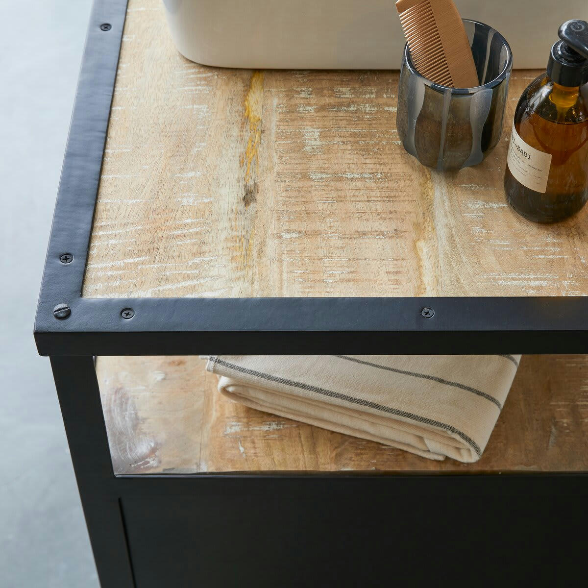 INDUSTRIEL - Meuble sous vasque en manguier massif et métal 140 cm