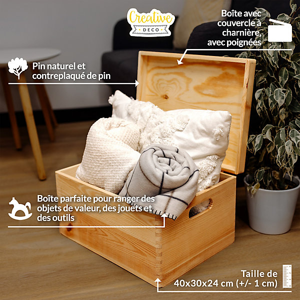 Creative Deco Boite de Rangement en Bois avec Poignées 40 x 30 x 24 cm ( /-1cm) - Non Peint - Boîte à Souvenirs - Brut