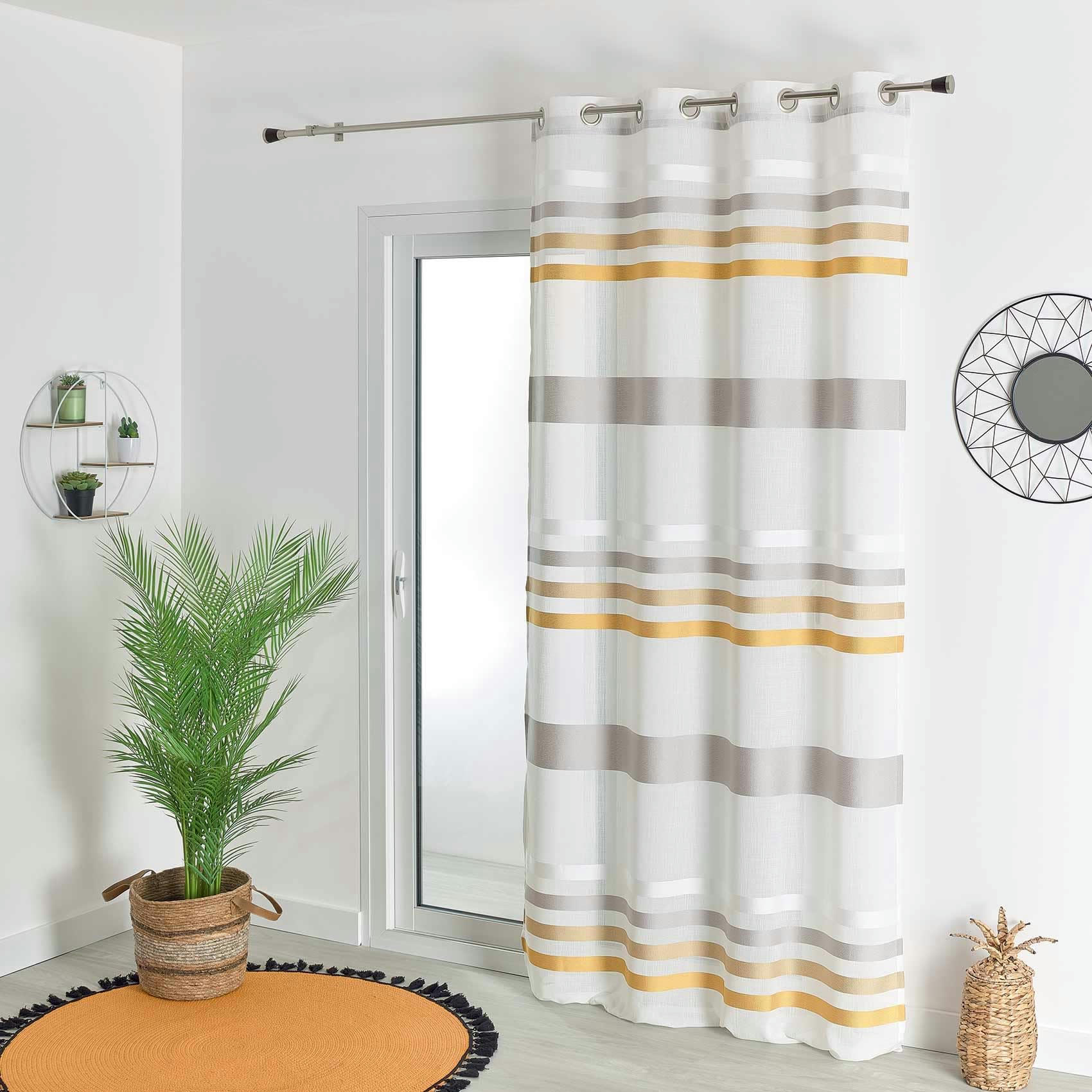 - Voilage en étamine à rayures bayadères polyester jaune ocre 140x260 cm