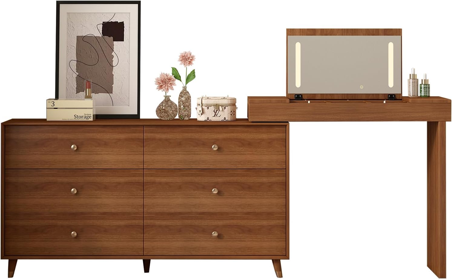 Vanity Desk with Mirror and Lights, Vintage 6 Drawer Dresser Desk Combo for Women with 50-90 in Adjustable L-Shape Makeup Table, Vanity for Bedroom with Jewelry and Cosmetics Storage Space,Walnut