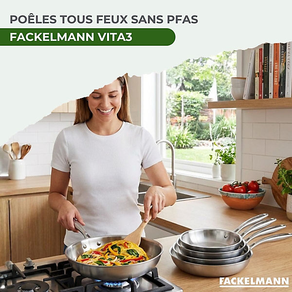 2 poêles 24 cm et 28 cm inox 18/10 Triply et couvercle Fackelmann Vita3