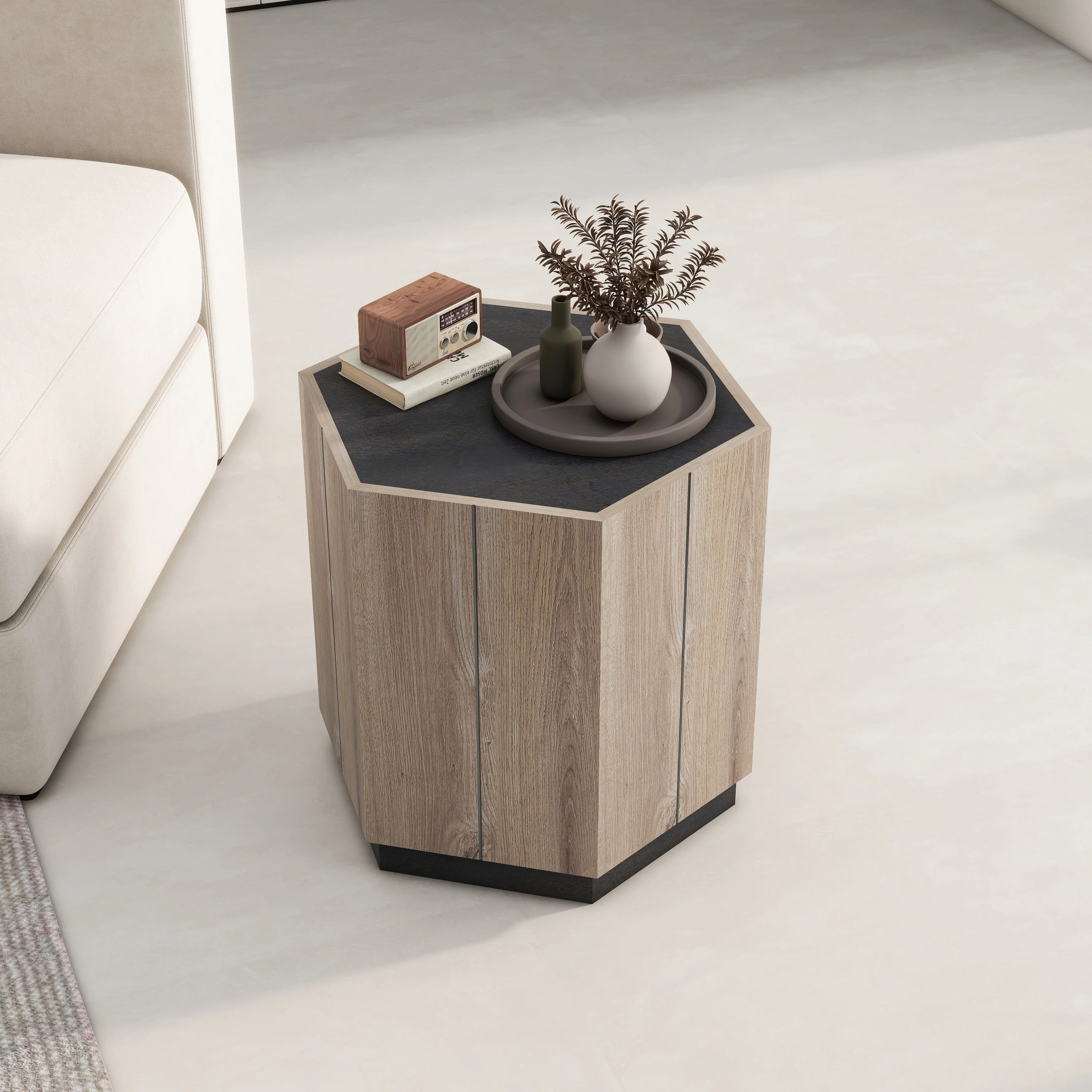 Light Oak Farmhouse Hexagonal Wooden Coffee Table with Drawer