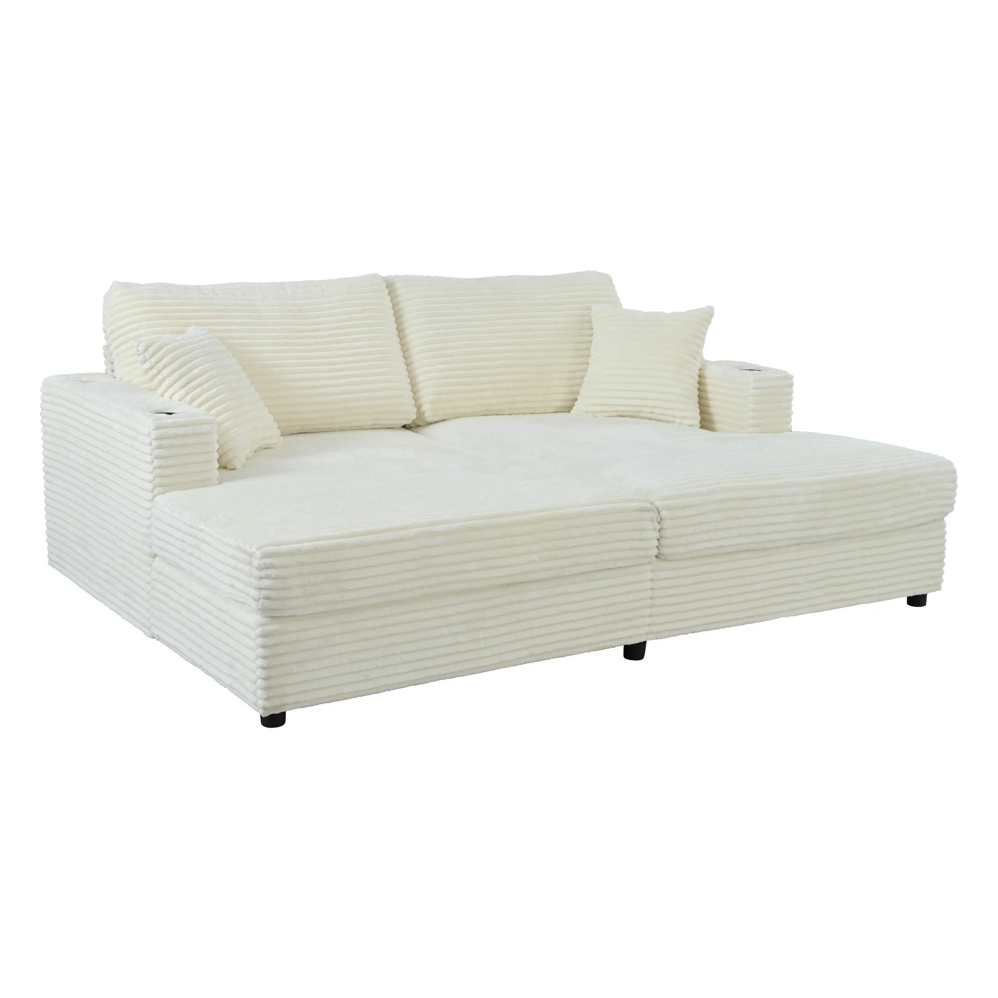 Modern Double Chaise Lounge Sofa with USB Ports and Cup Holders and Corduroy Upholstery for Living Rooms or Guest Spaces