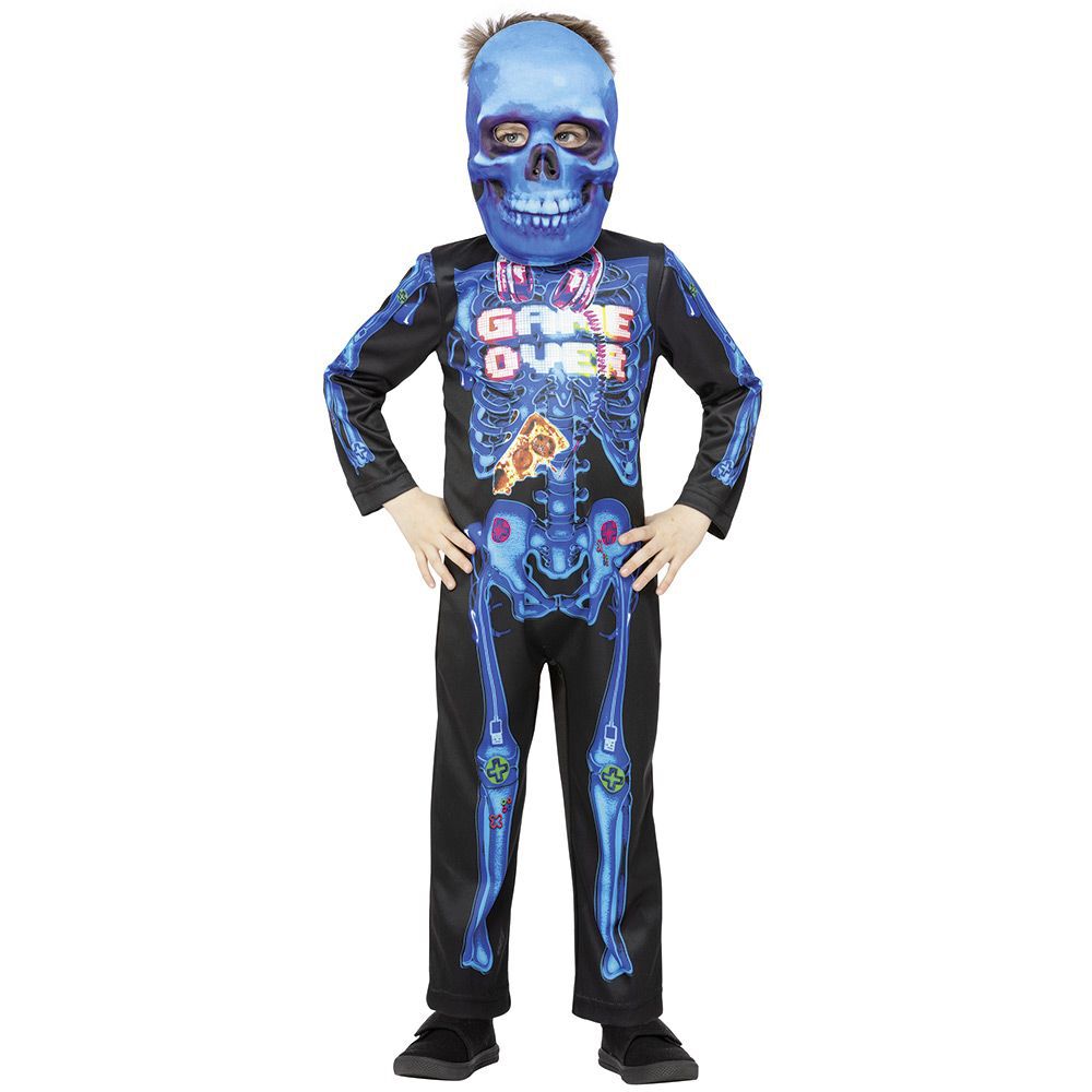 Déguisement enfant Halloween Game Over squelette noir et bleu 7/10 ans