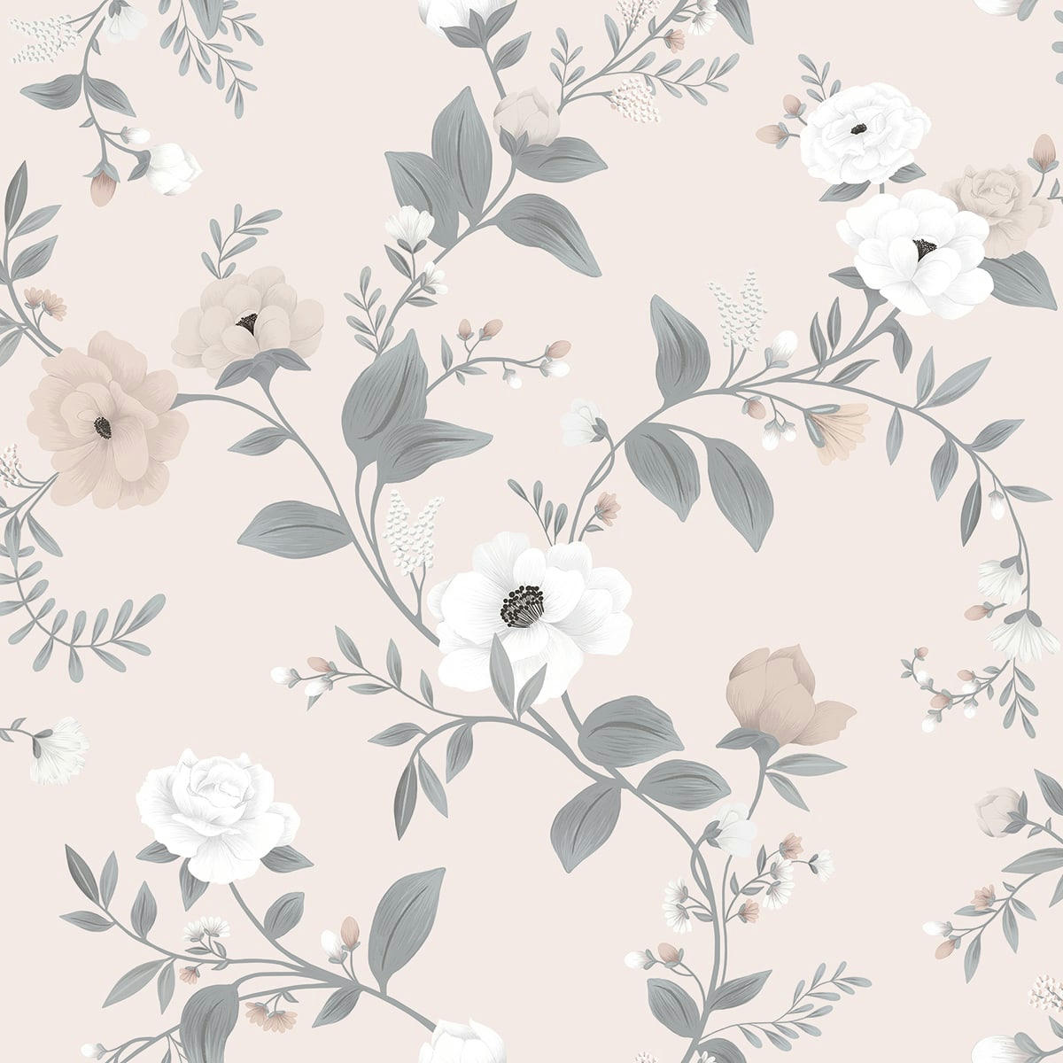 GRACE - Papier peint fleurs, roses en Papier Rose 50cm x 10m