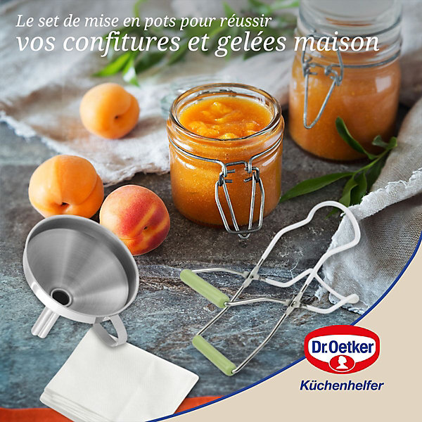 3 ustensiles pour confiture avec pince à bocaux, entonnoir et tissu filtrant Dr Oetker