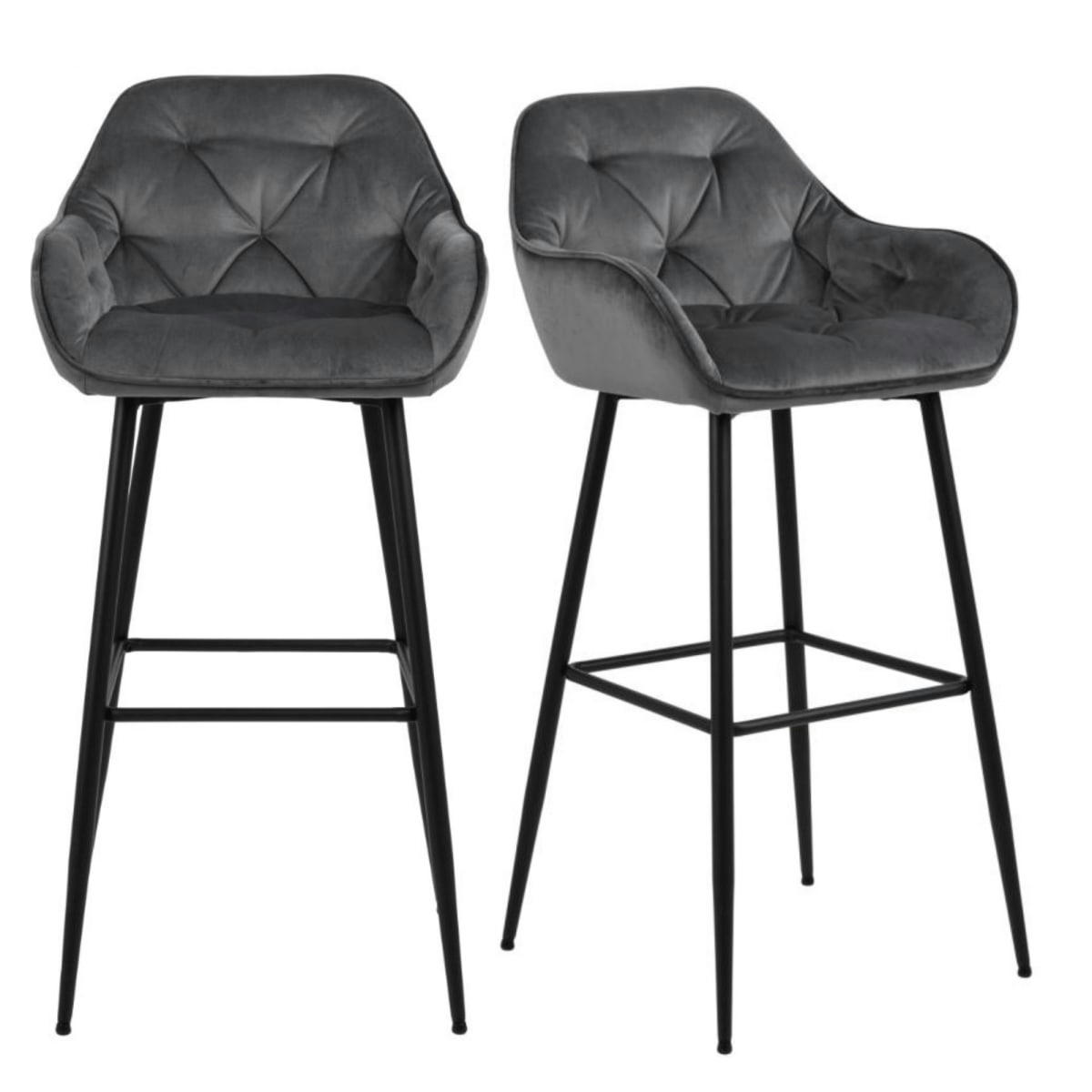 BROKEN - Lot de 2 tabourets design en velours et métal gris