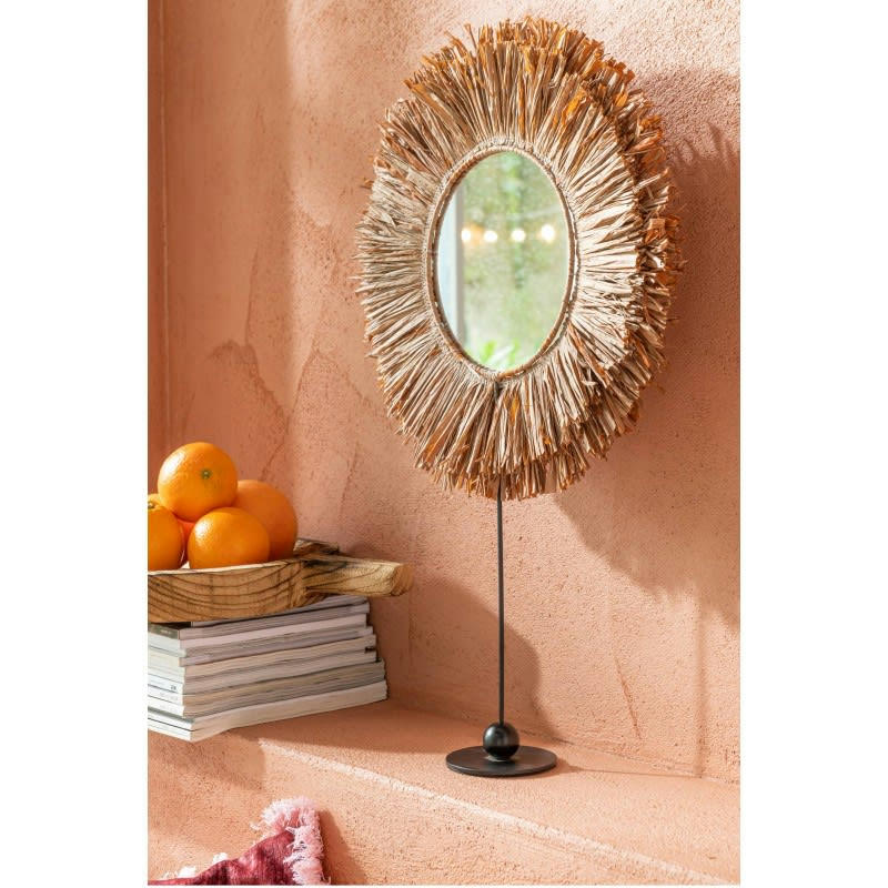 - Miroir rond dans cercle de coquillage et raphia marron sur pied H50cm