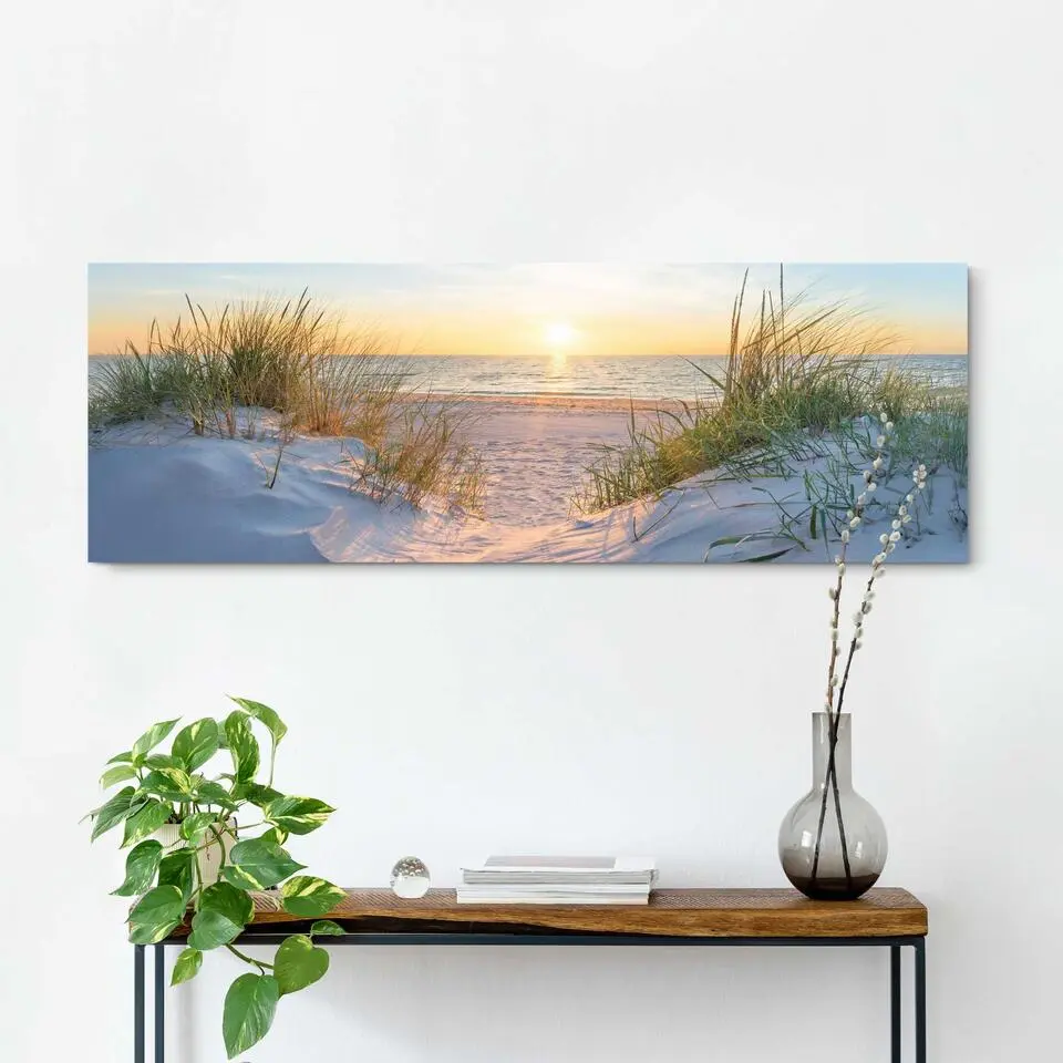Schilderij Zonsondergang in de duinen - 40 x 118 - Beige