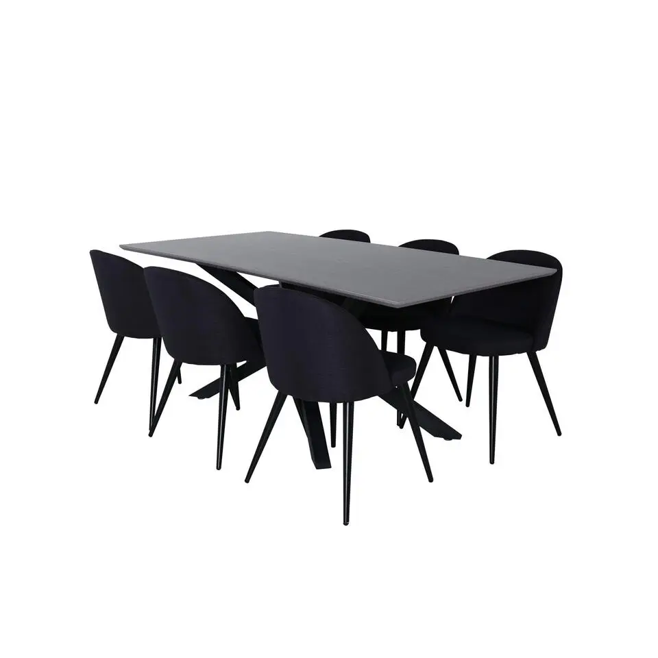 Hioshop PiazzaGRBL eethoek eetkamertafel grijs en 6 Velvet eetkamerstal zwart