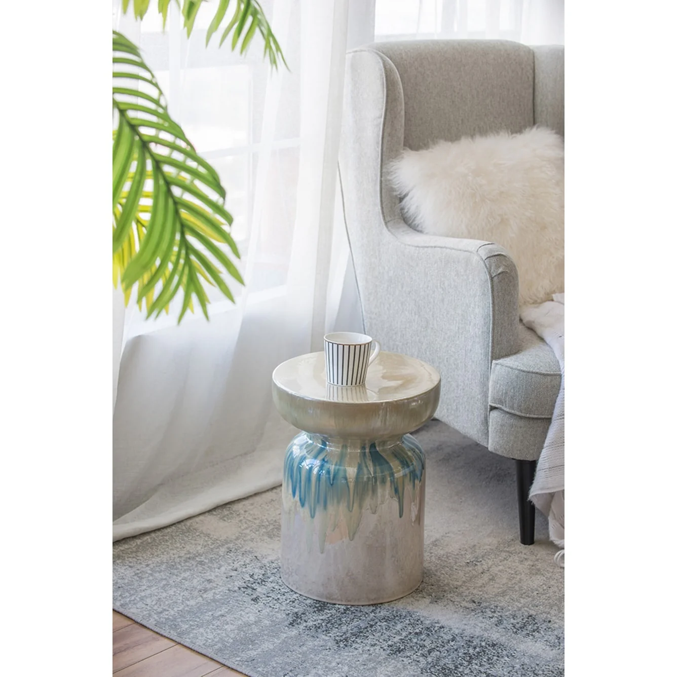 Coastal Style Ceramic Garden Stool - 18 - Green and Taupe Brown