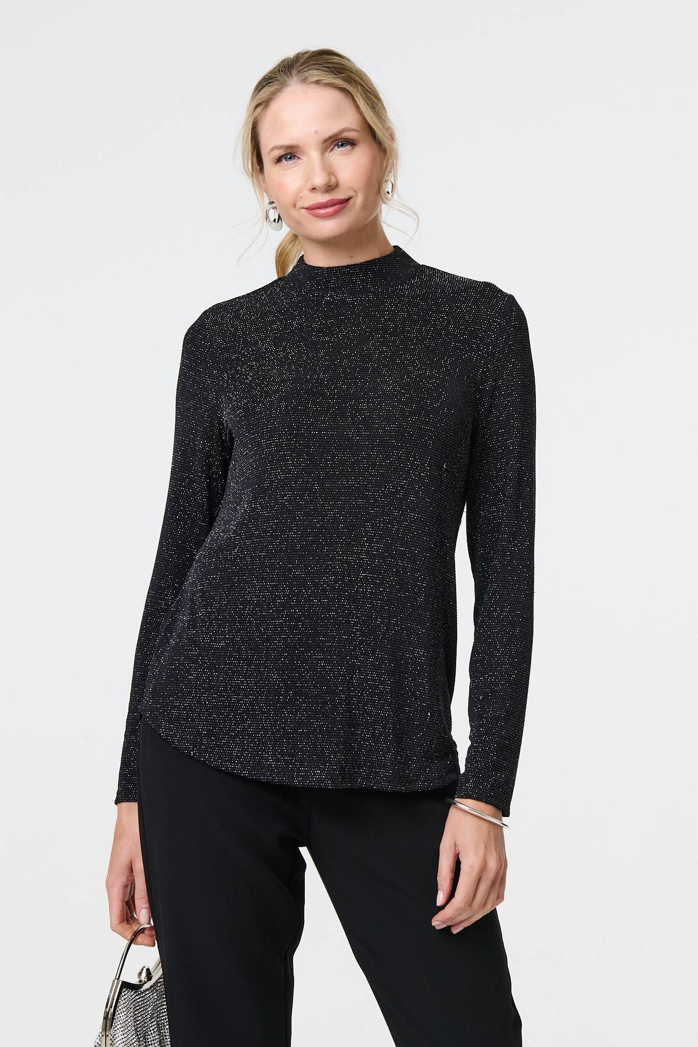 Izabel London Sparkle Knit Long Sleeve High Neck Top