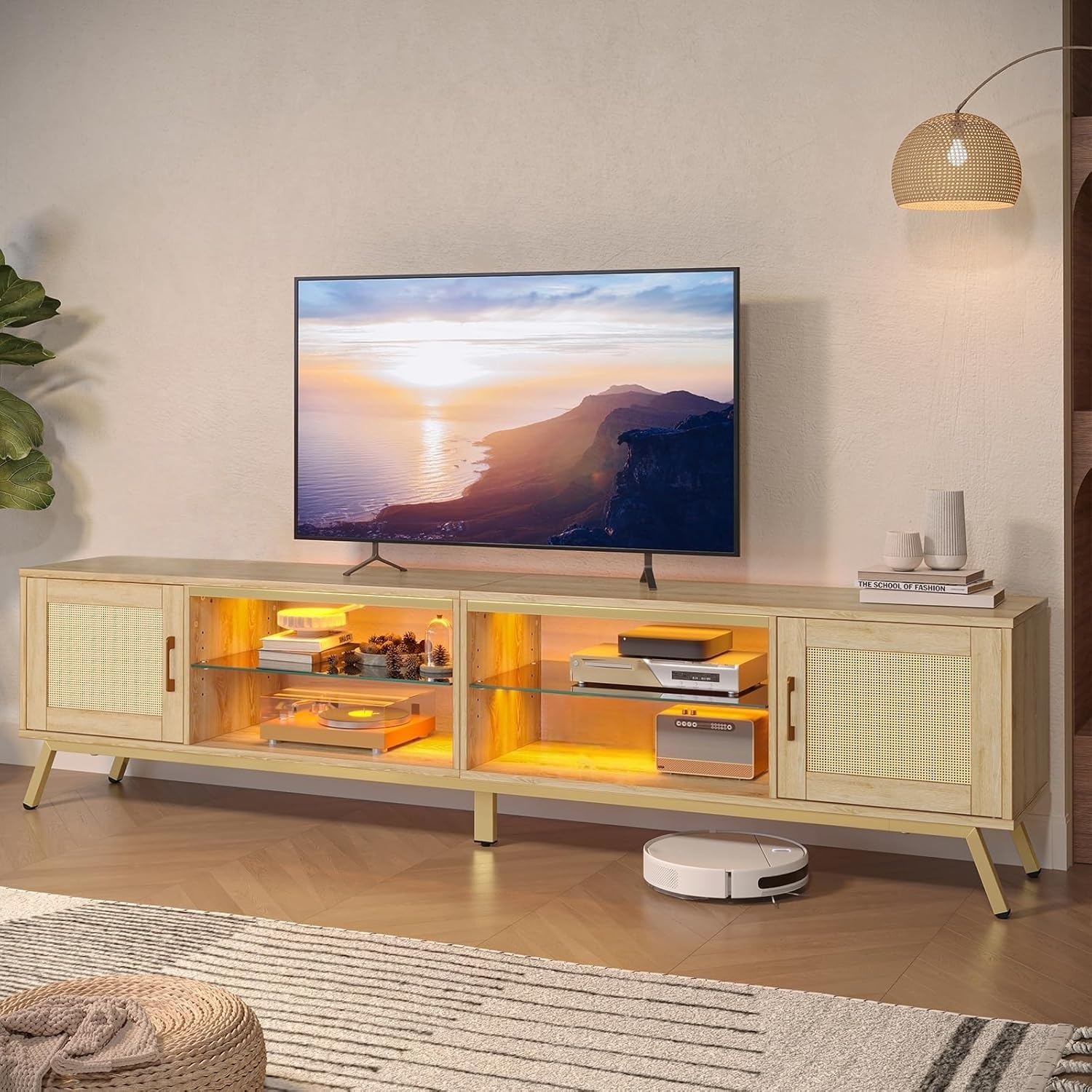 Bestier 80 Inch Natural Rattan TV Stand with Storage for 85 Inch TV, 4-in-1 Mid Century Modern Entertainment Center with LED Lights, Doors and Adjustable Glass Shelves for Living Room, Natural