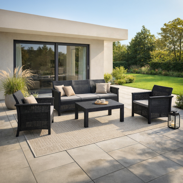 Zestaw Ogrodowy Sofa 3os 2 Fotele Stolik Kawowy Technorattan Czarny Taras