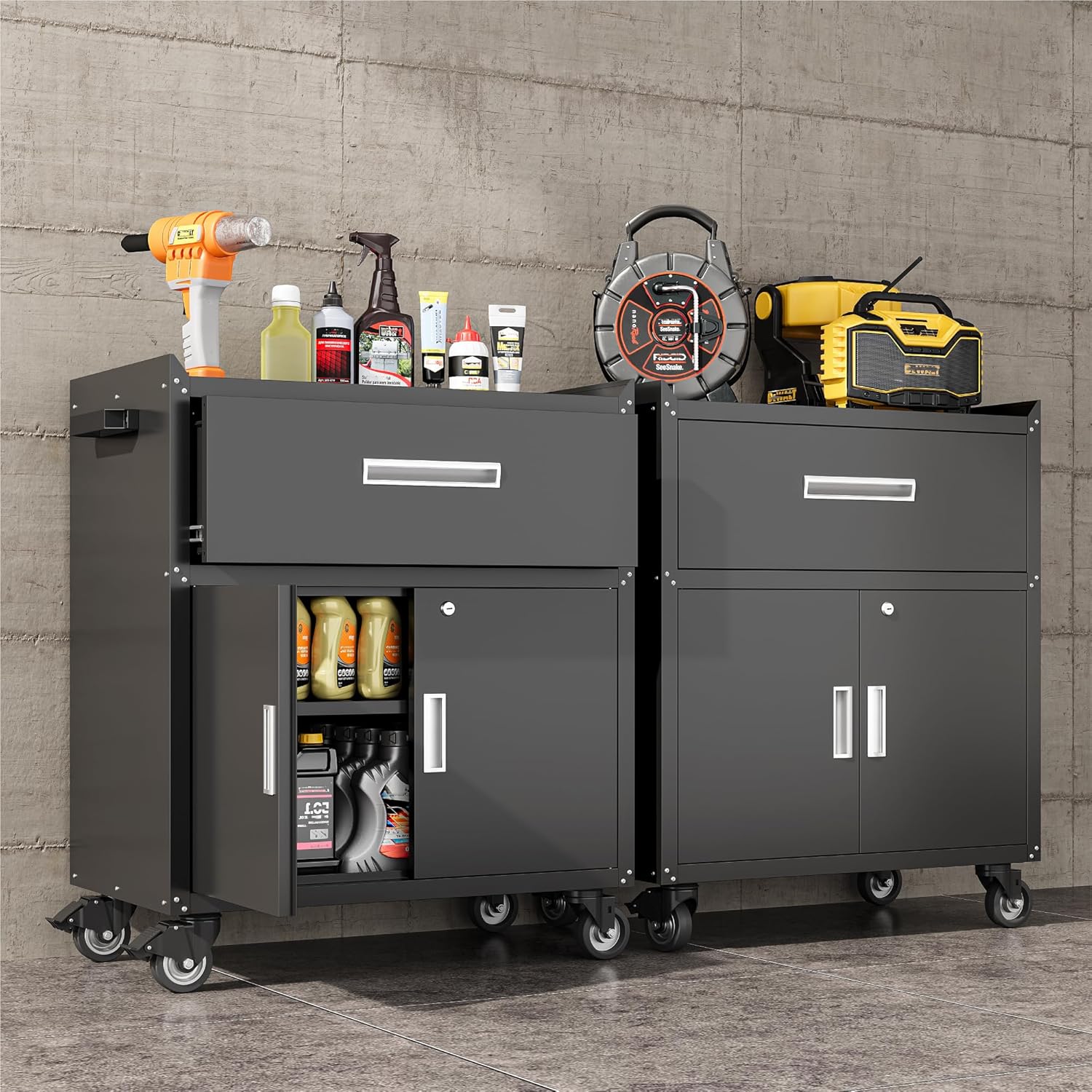 COFaR Rolling Tool Cabinet, 1-Drawer & 2-Door Metal Storage Cabinet with Adjustable Shelf, Lockable Wheels & Locking Doors, 35 H Heavy Duty Garage Tool Chest for Workshop, Garage, Office - Black
