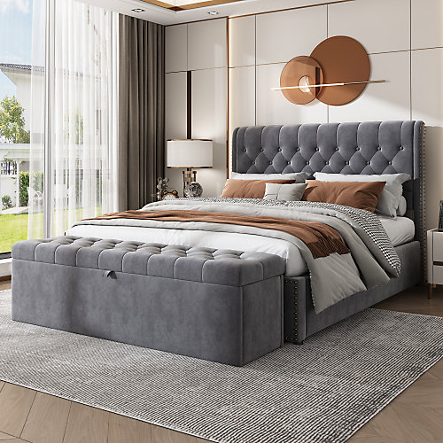 Lit 140x200 cm avec coffre, tête de lit capitonnée en velours gris et banc-coffre assorti, design élégant
