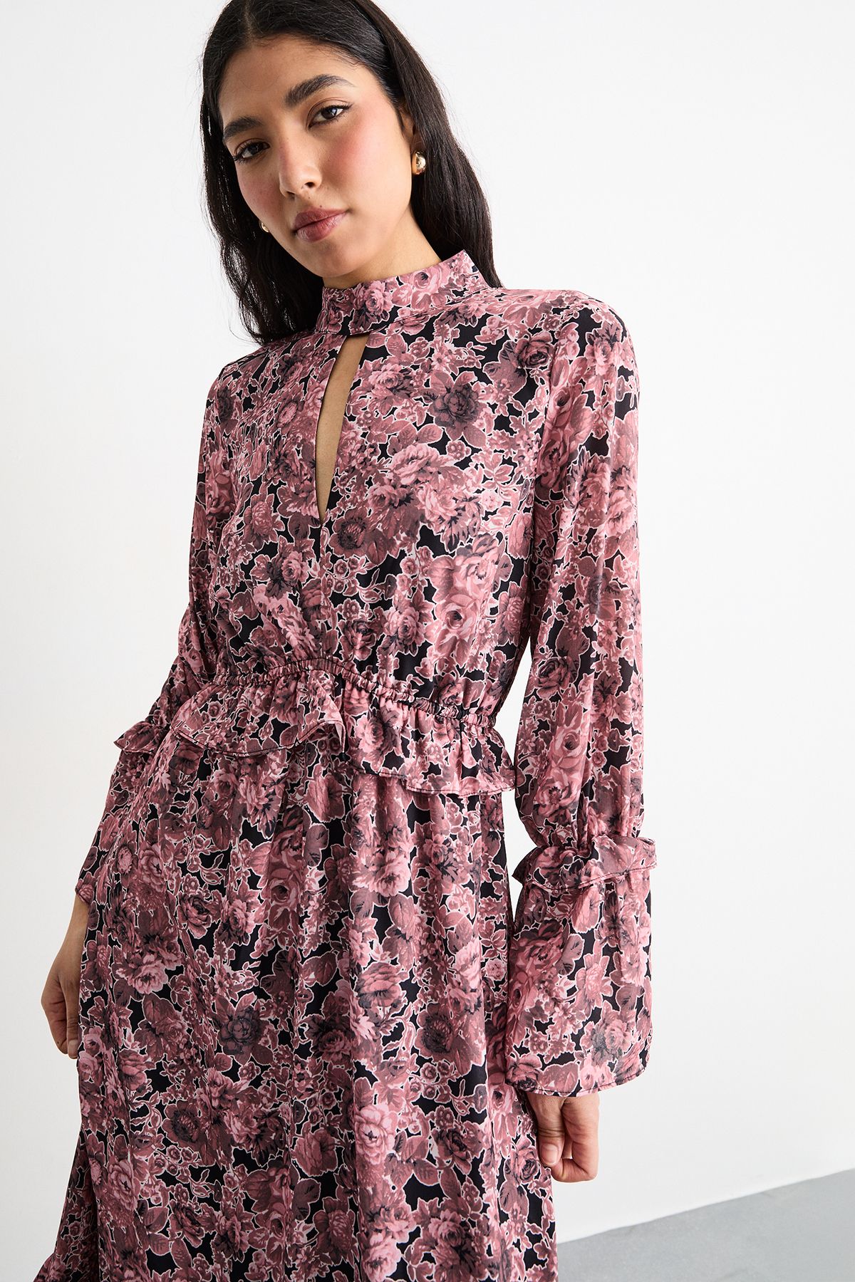 Warehouse Chiffon Shirred Frill Detail High Neck Midi Dress