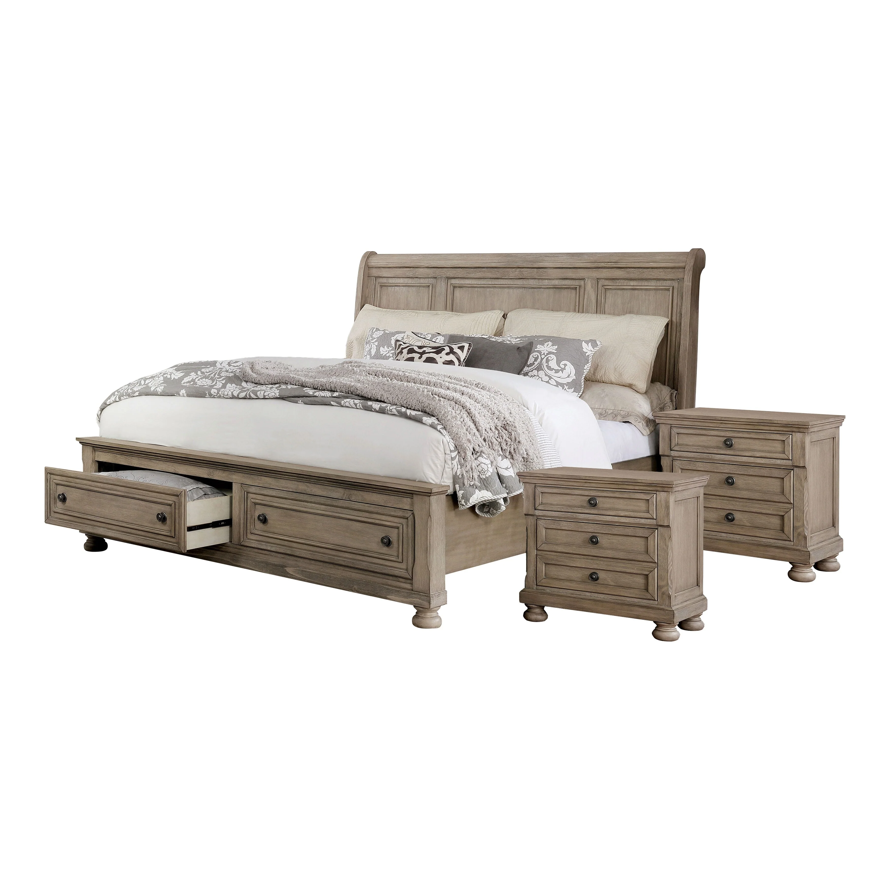 Nahkohe Transitional Grey Wood 3-Piece Storage Sleigh Bed and Nightstands Set with USB by Furniture of America
