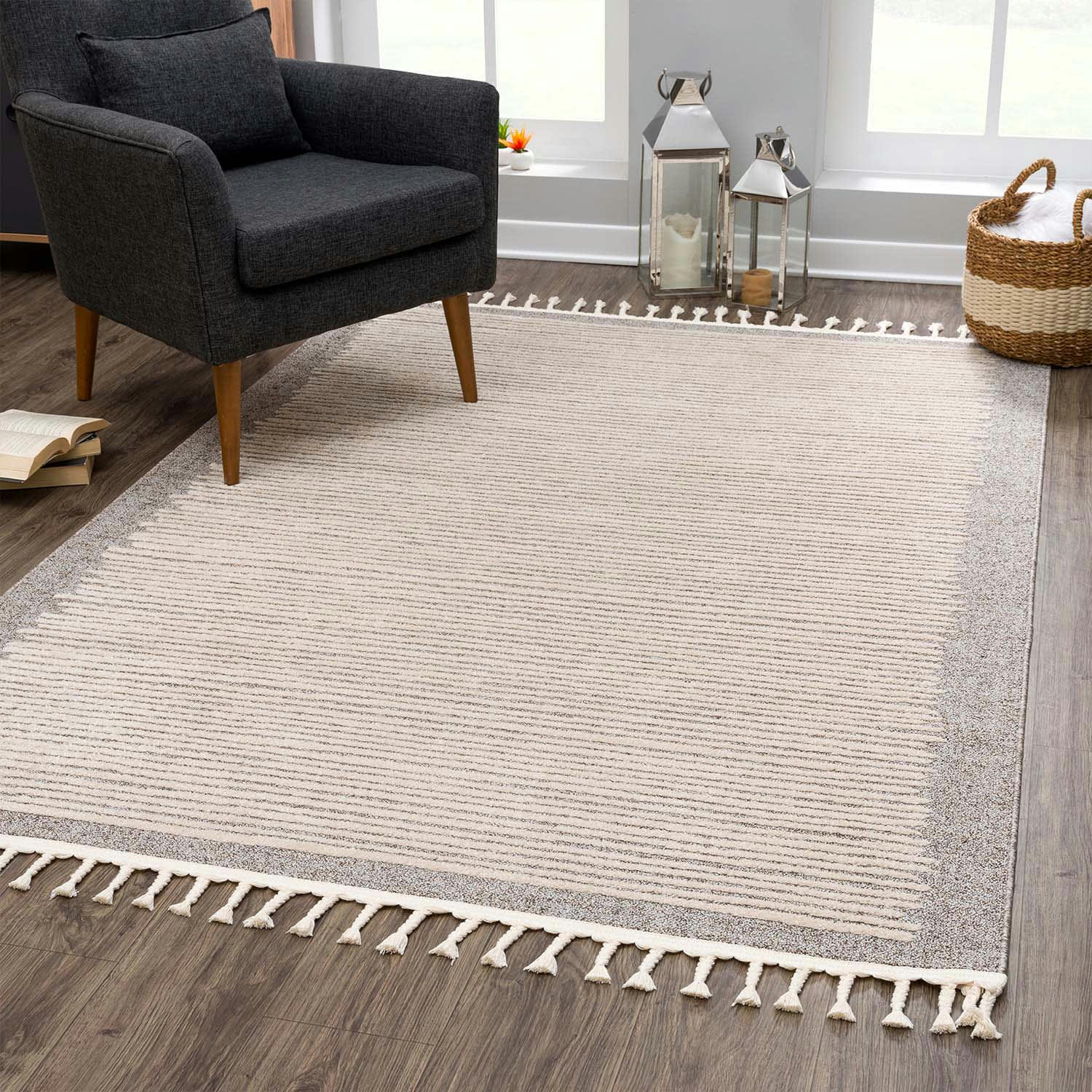 FLÄT - Tapis scandinave à franges tressées mocca et crème 80x300cm