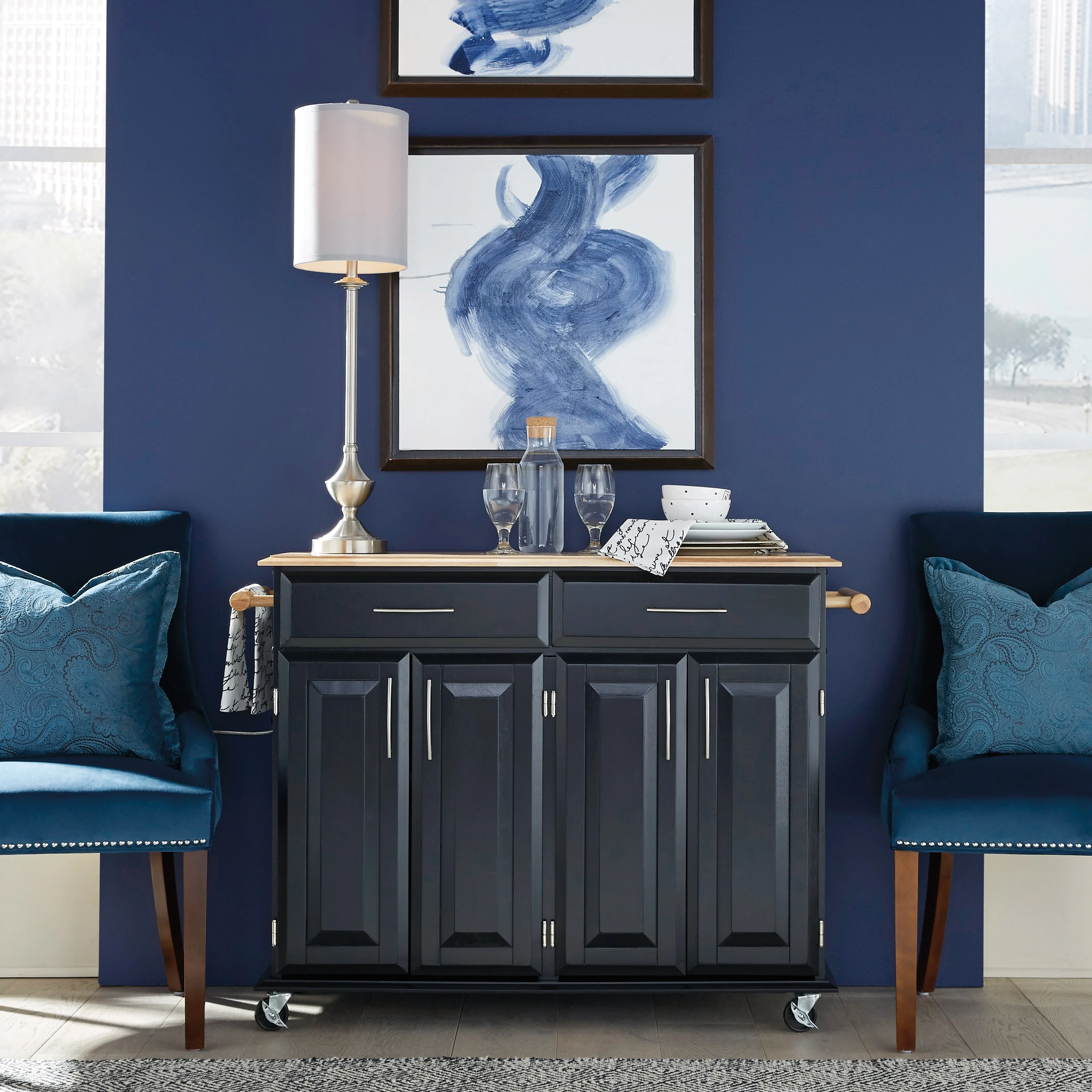 Dolly Madison Black Wood with Natural Wood Top Kitchen Cart