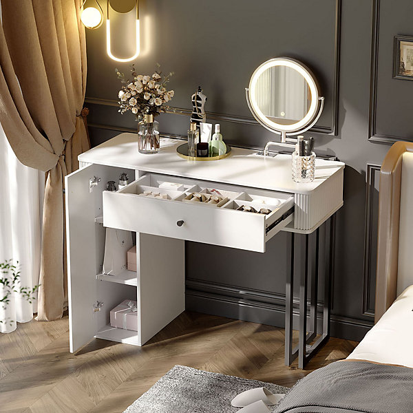 Coiffeuse avec Miroir LED 3 Tons, Tiroir à 9 Cases et 3 Niveaux de Rangement 100x116x40 cm Blanc
