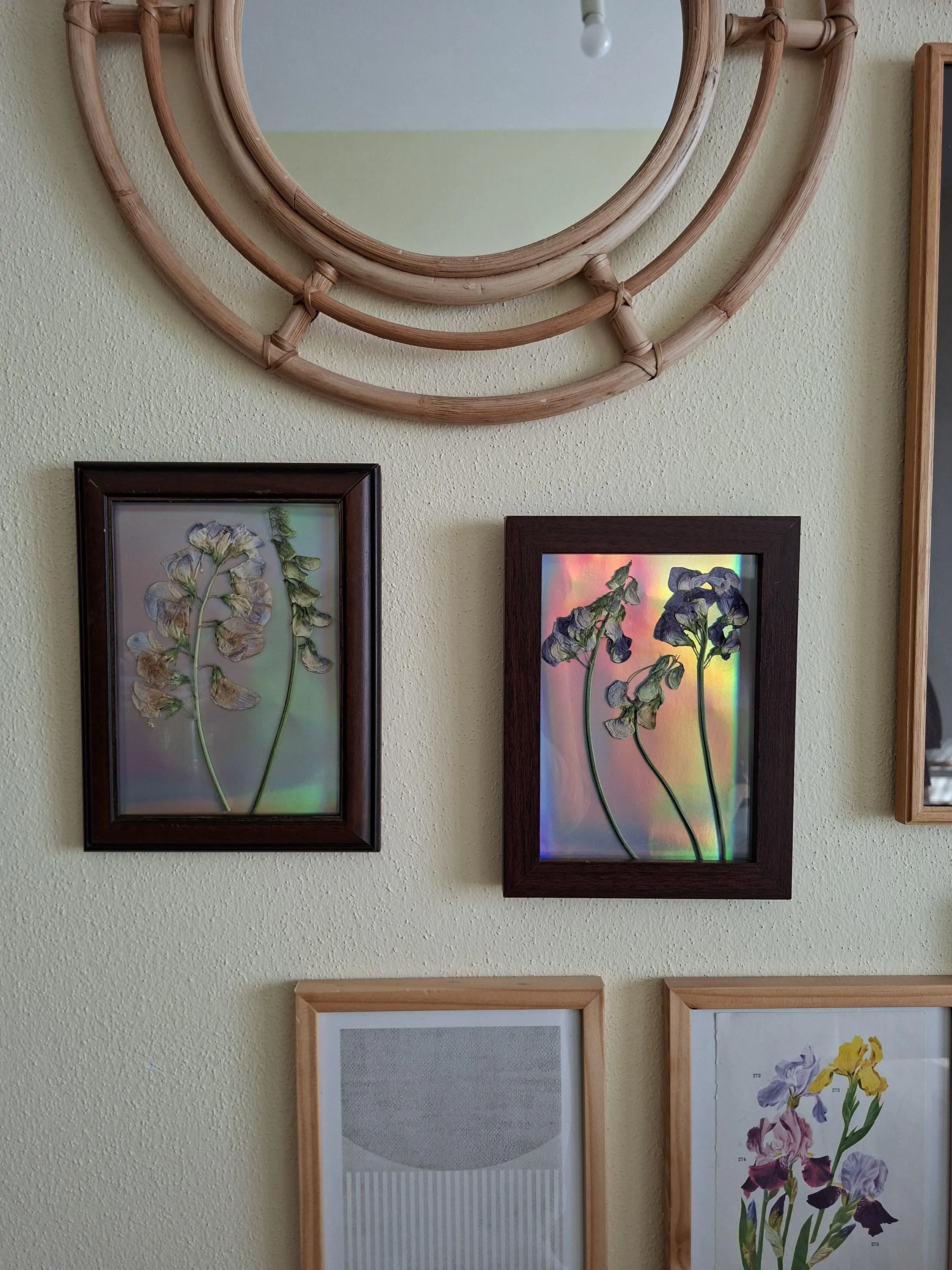 Pressed wildflower set in a true vintage wooden picture frame | Upcycled | Sustainable with holographic effect | Christmas gift, boho style