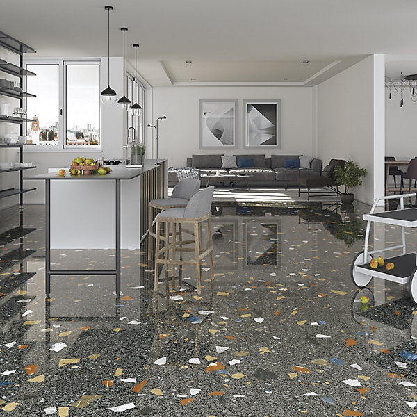 Carrelage Aspect terrazzo Straci noir poli 79.5x79.5 cm