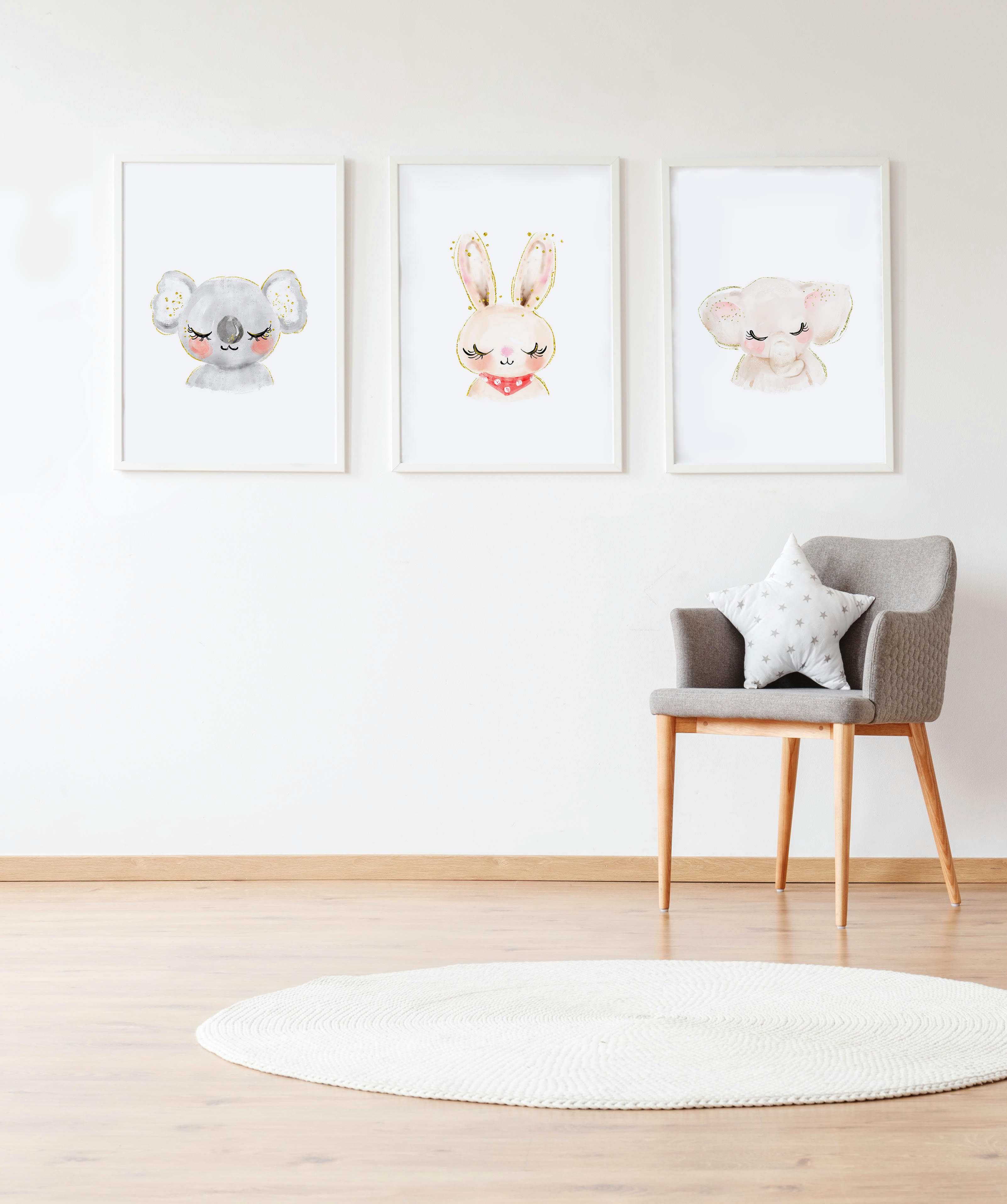 DECOWALL - Pack encadré bois blanc impression le koala et lapin 43X33 cm