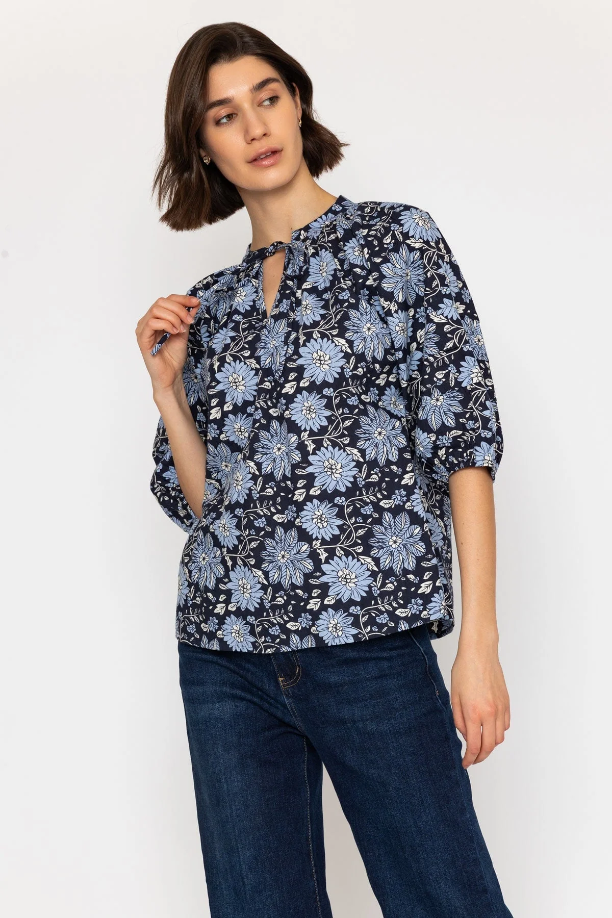 Denim Blue Floral Print Top with Neck Tie Detail