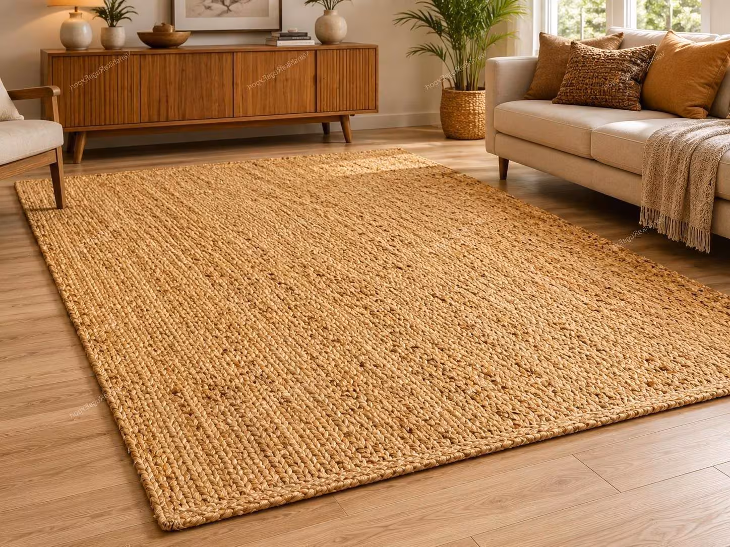 Natural jute rug 7 x 12 ft for kitchen: Handmade jute solid beige rug, Eco friendly and Pure vegan jute rug, Entryway doormats jute carpets