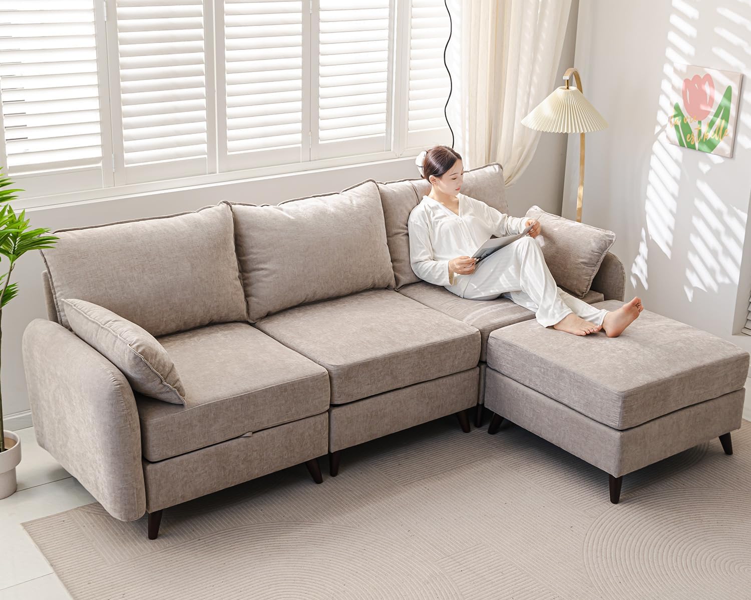 104'' Modular Sectional Sofa with Seats Storage,Oversized L Shaped Couch with Deep Seat,3-Seater Comfy Cloud Couches for Living Room, Movable Ottoman,Chenille,Khaki