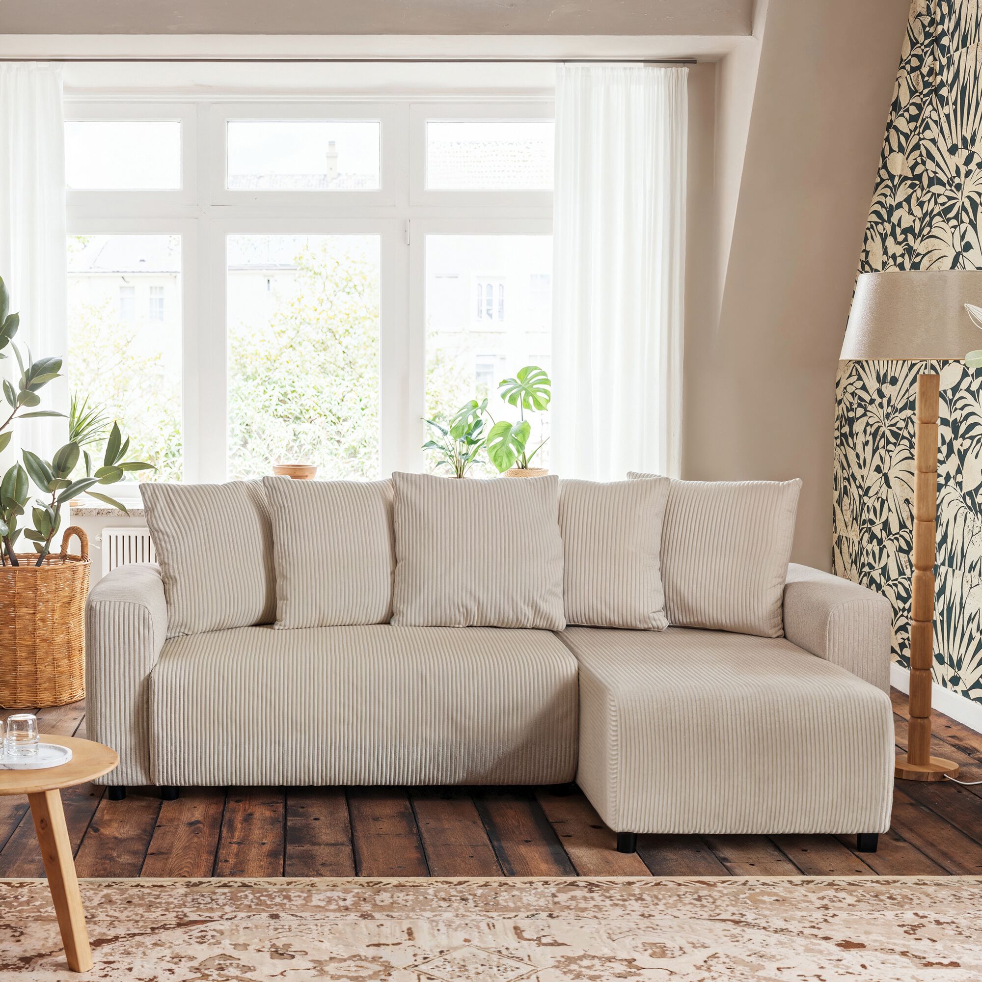 LUDI - Canapé convertible à angle réversible en velours côtelé - beige roucas