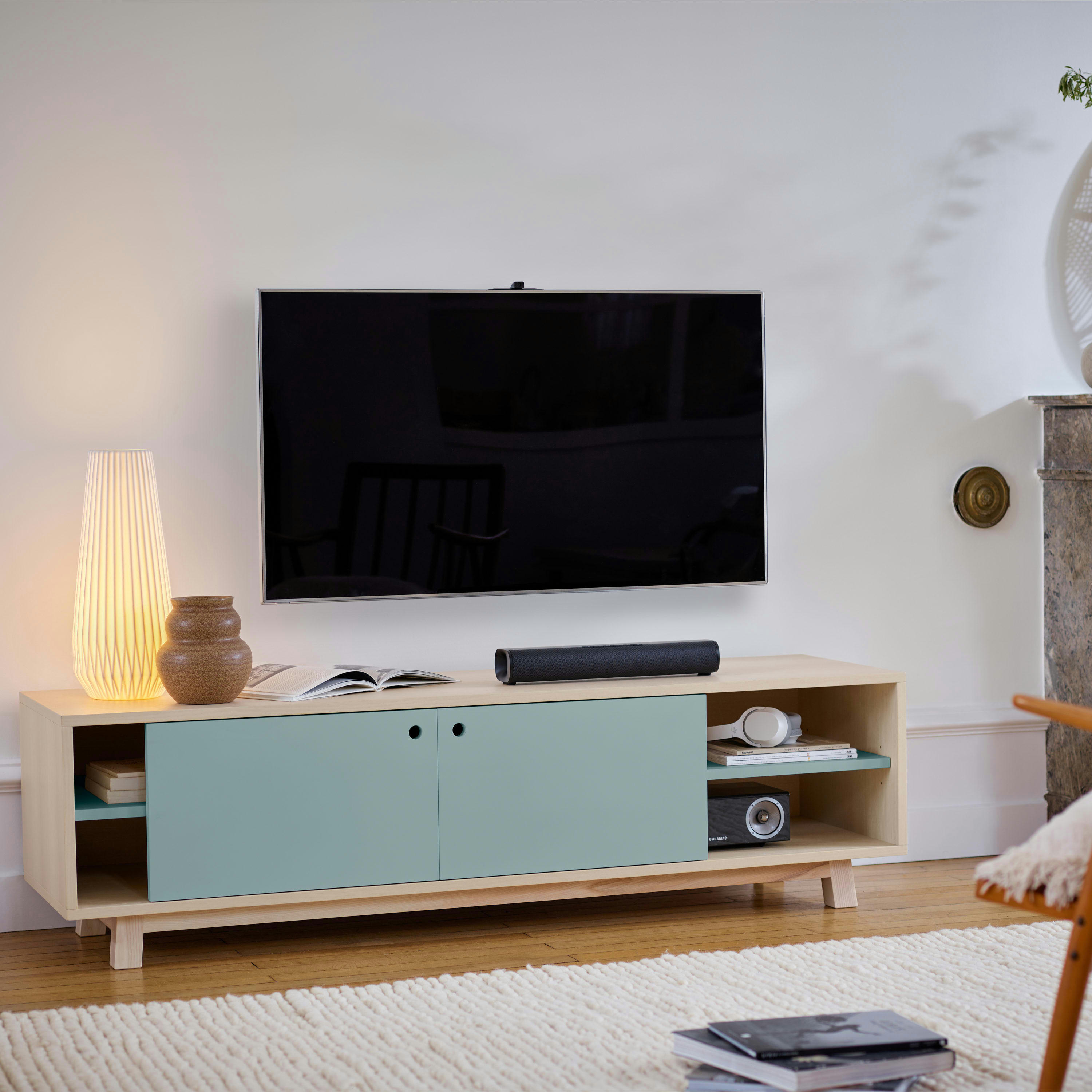 KUBE - Meuble TV 2 portes coulissantes 120 cm, en frêne