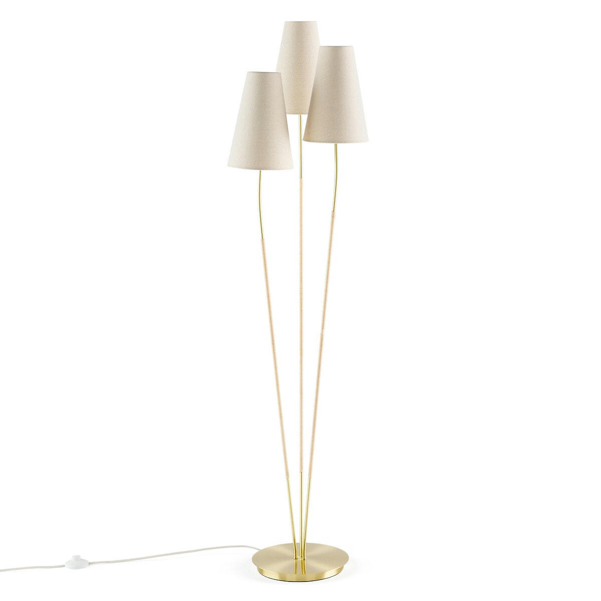 Lampadaire triple en laiton, lin & rotin, Amaya