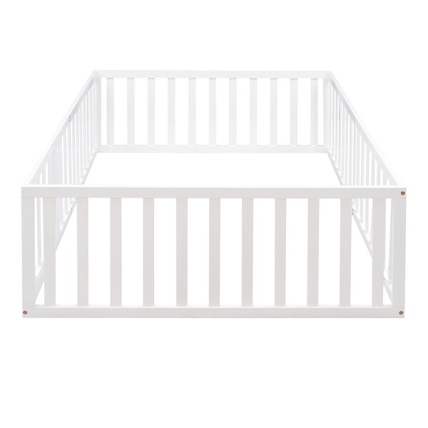 Full Wooden Floor Bed for Kids, Montessori Bed Frame with Fence and Door, White