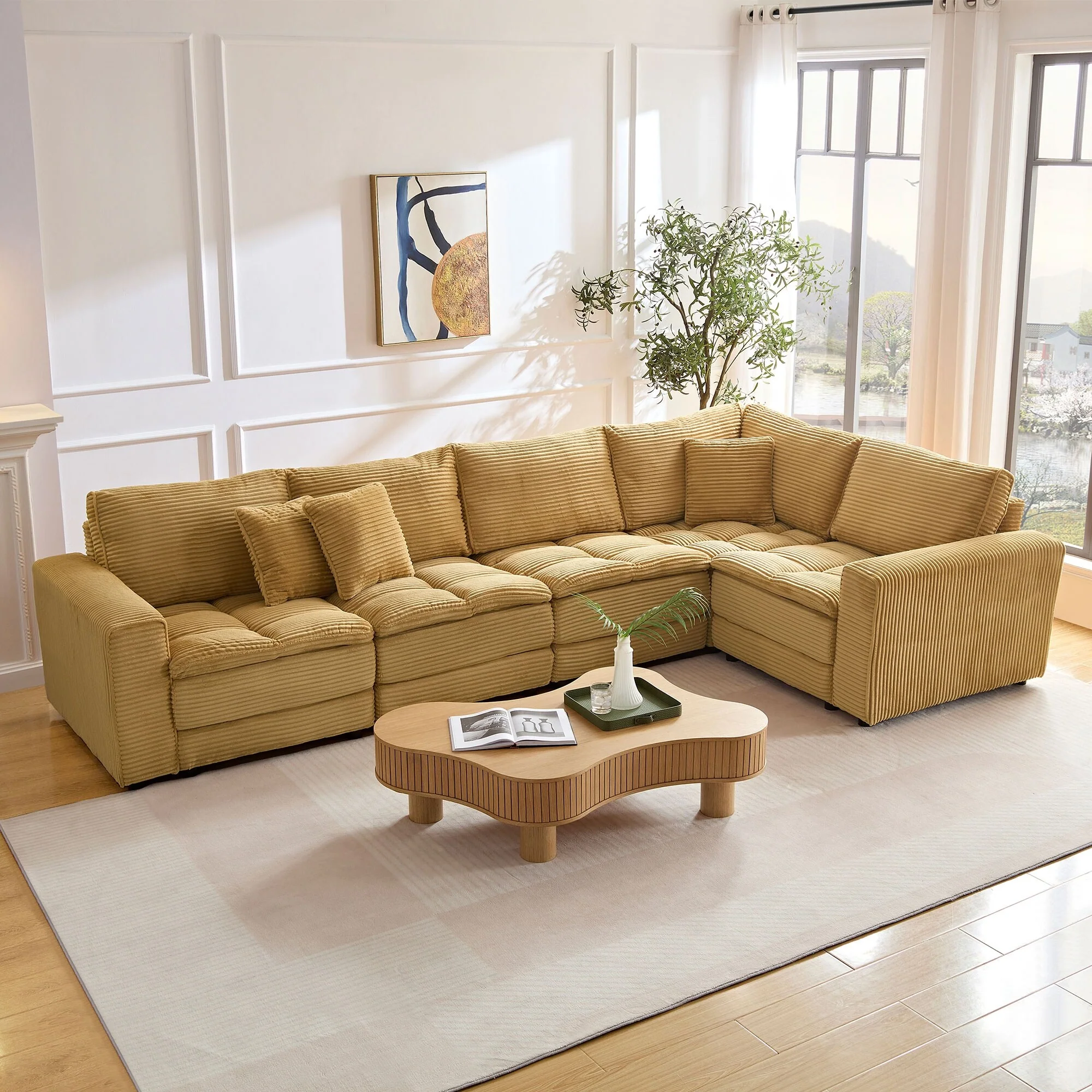 Yellow 137.39'' L-Shaped Convertible 5-Seat Sectional Sofa with Detachable Cushions, Oversized Corduroy Upholstered Couch