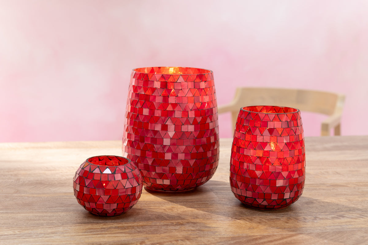 J-Line windlicht Mozaiek Driehoek - glas - rood/roze - small