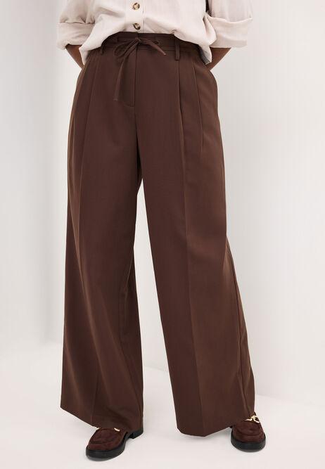 Womens Brown Pleated Wide Leg Trousers