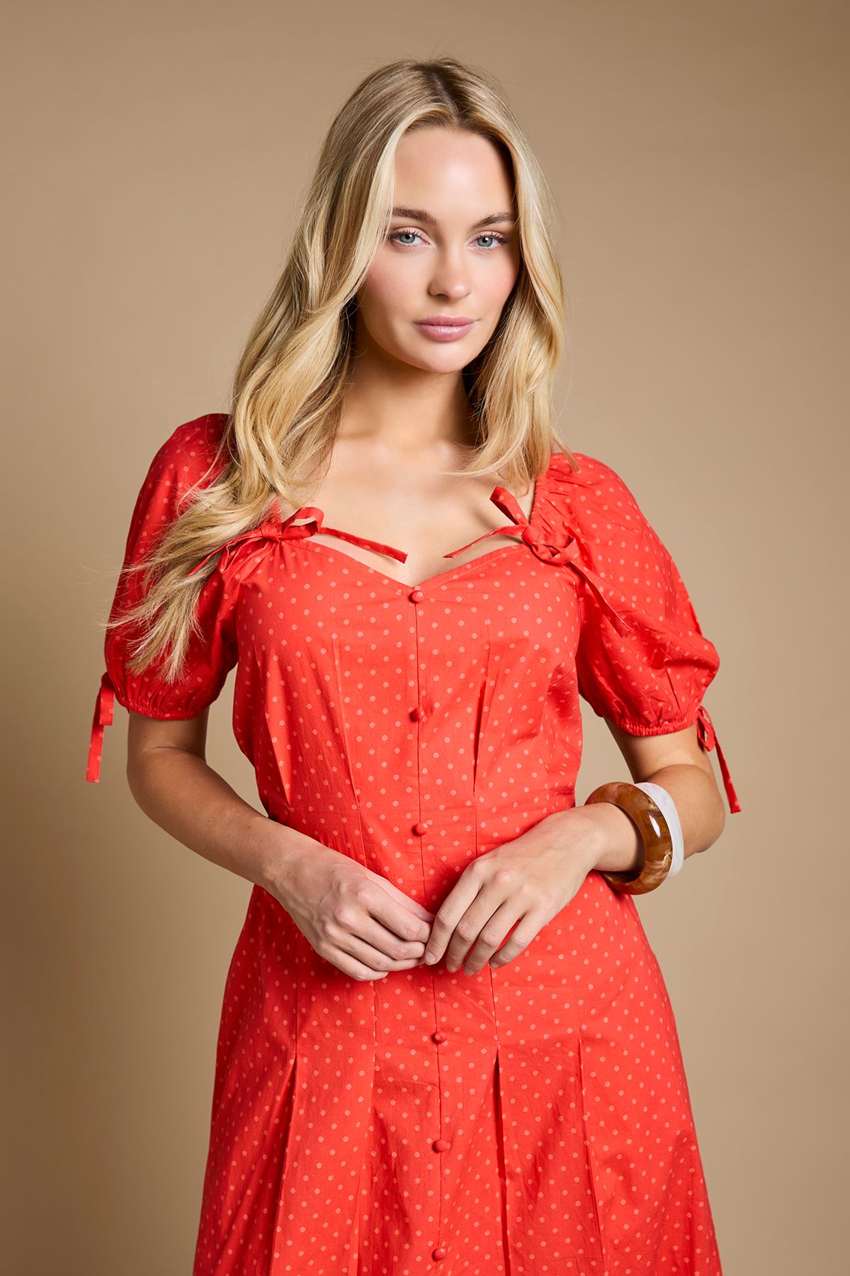 Dorothy Perkins Pleat Button Detail Puff Sleeve Midi Dress