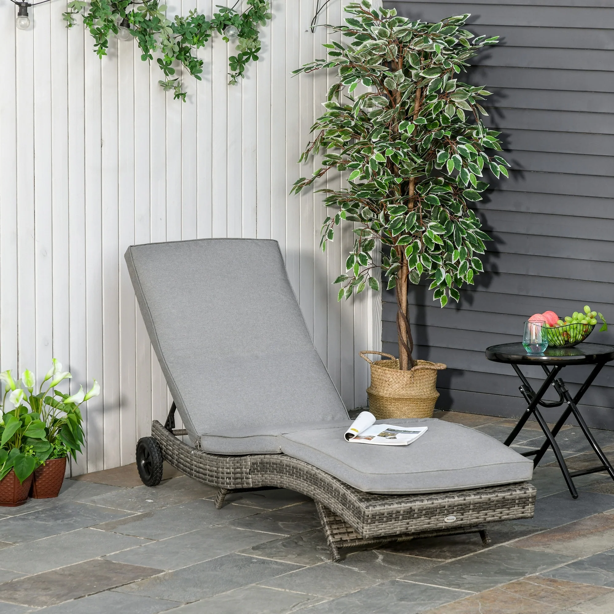 Outsunny Outdoor PE Rattan Patio Chaise Lounge Chair with 5 Backrest Angles & 2 Wheels for Easy Movement, Grey