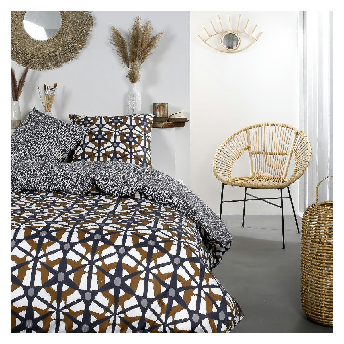 MAWIRA - Parure de lit zippée 2 personnes imprimé en Coton Noir 240x220 cm