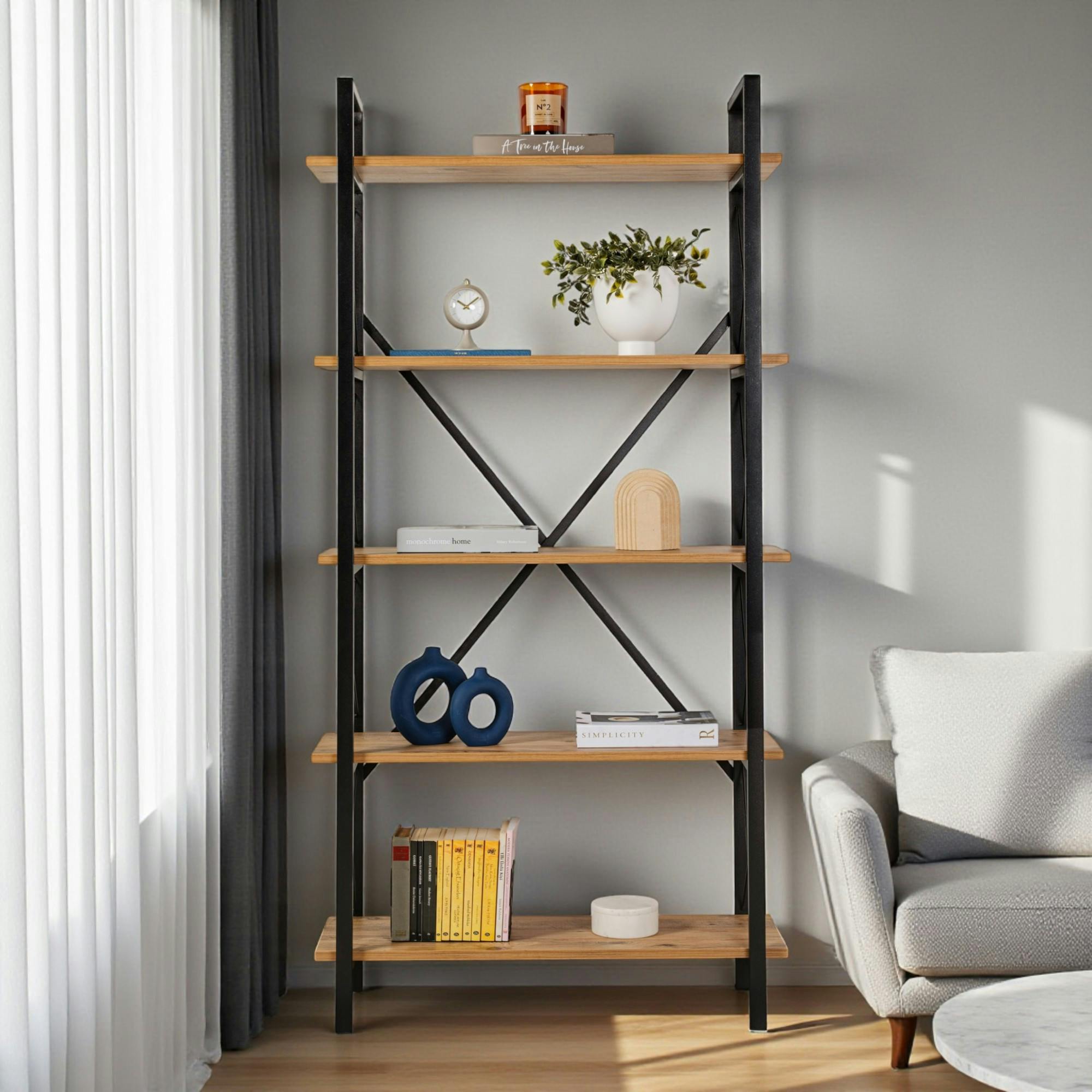 Bibliothèque étagère noire, 5 plateaux effet pin JENA