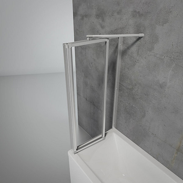 Pare baignoire à coller 2 volets   paroi de retour fixe, 89 x 75 x 120 cm, verre transparent, alu nature, Schulte