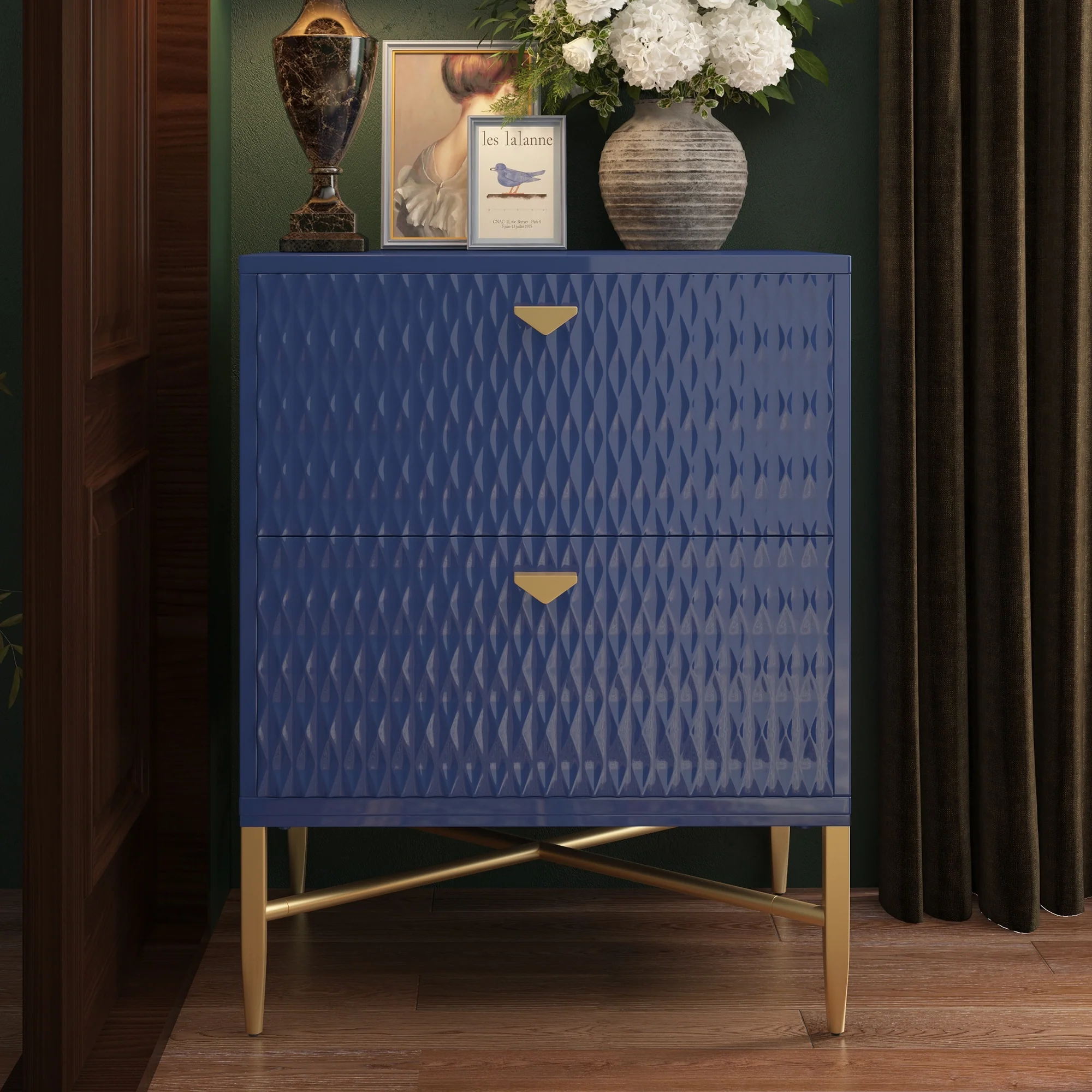 Clihome 2-Drawer Storage High Gloss Nightstand End Table