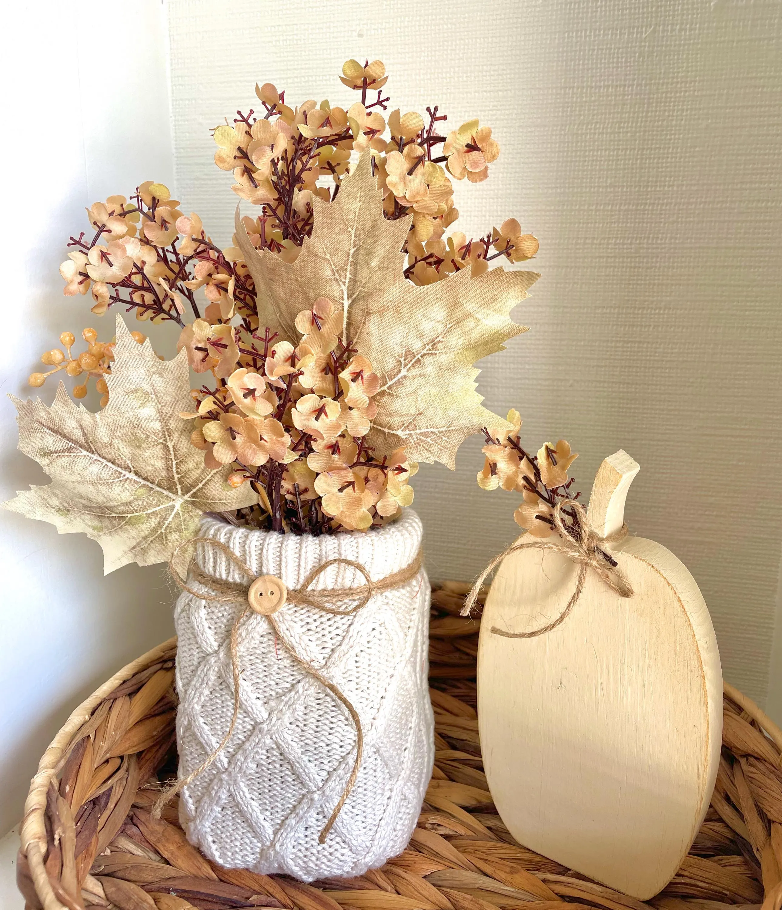 Fall decor sweater vase floral arrangement for tier tray decor, Cream sweater vase and white pumpkin for mantle decor and centerpiece