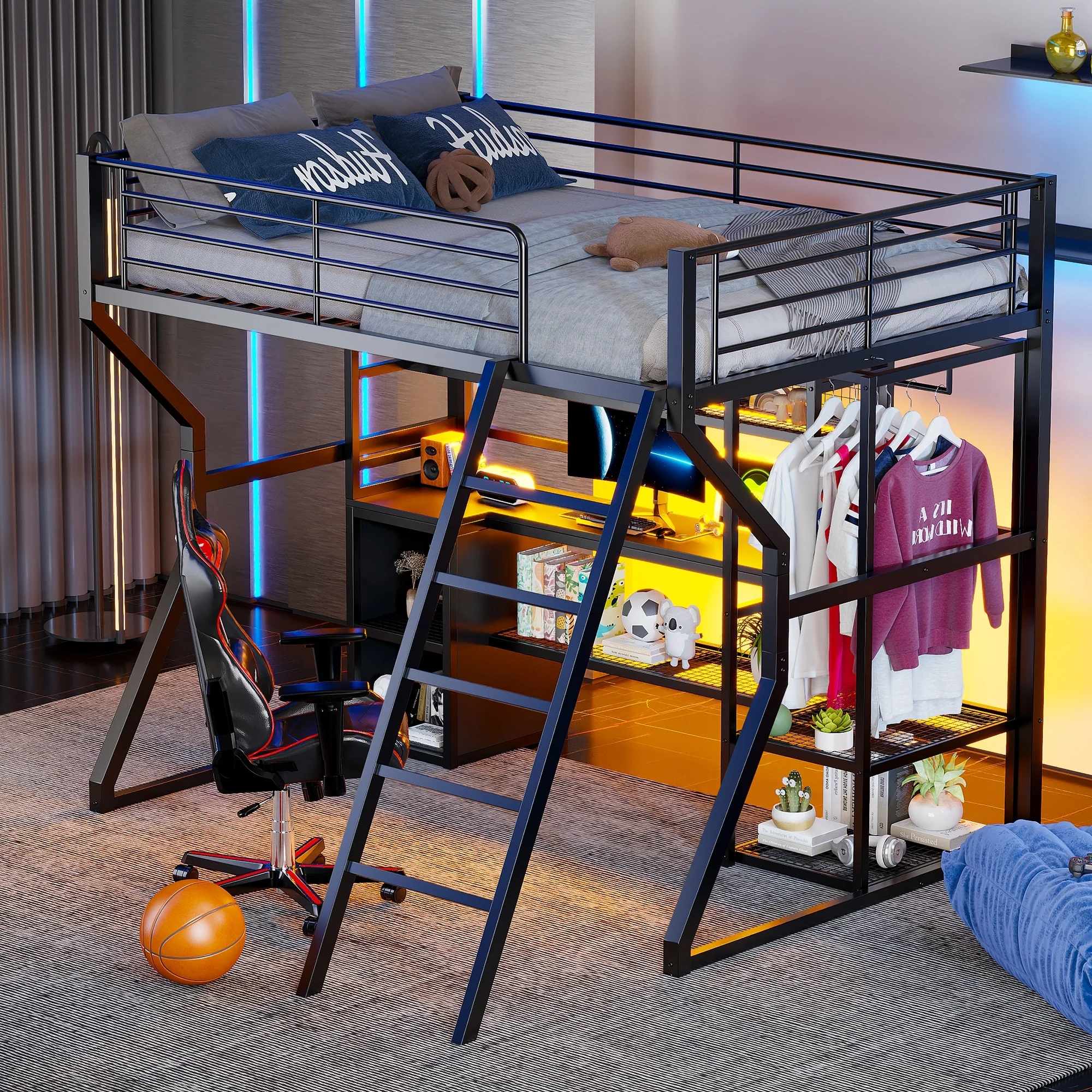 Full Size Metal Gaming Loft Bed with Built-in Work Station, Open Wardrobe, LED and Multiple Storage, Black