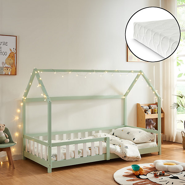 Lit cabane Hesel avec matelas à mousse froid 90 x 200 cm vert menthe en.casa