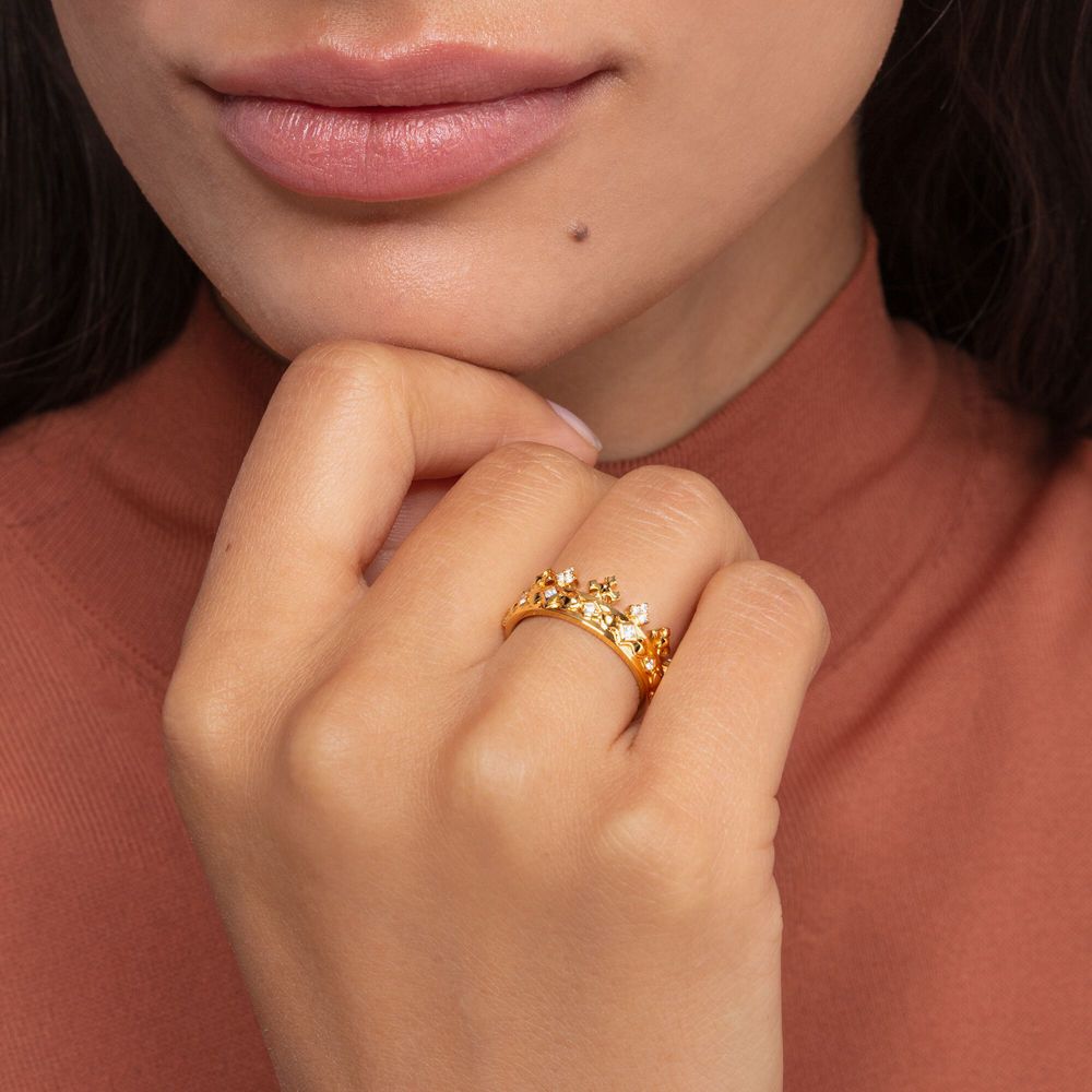 THOMAS SABO Gold Plated Cubic Zirconia Crown Ring TR2302-414-14-52