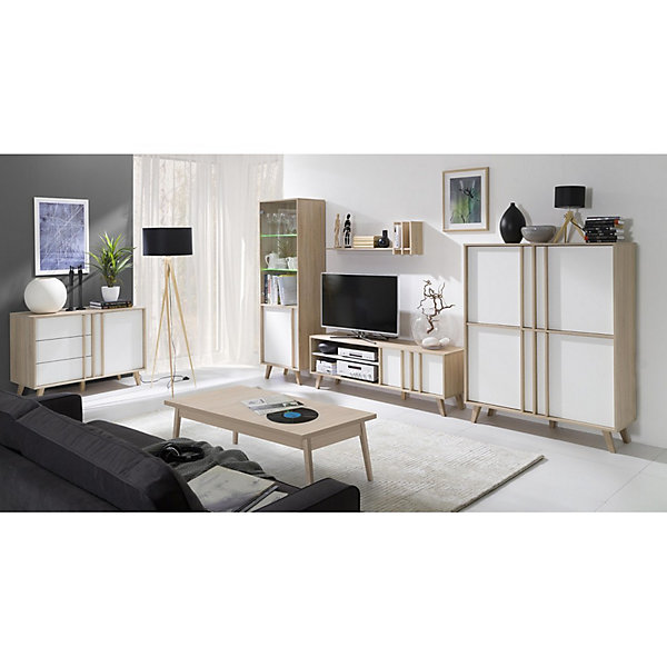 Meuble TV MALMO 150 cm coloris chene clair et blanc