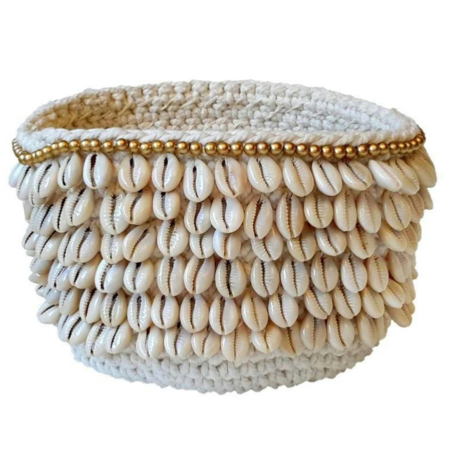 CARA - Panier en crochet et coquillages, blanc D17xH15 cm